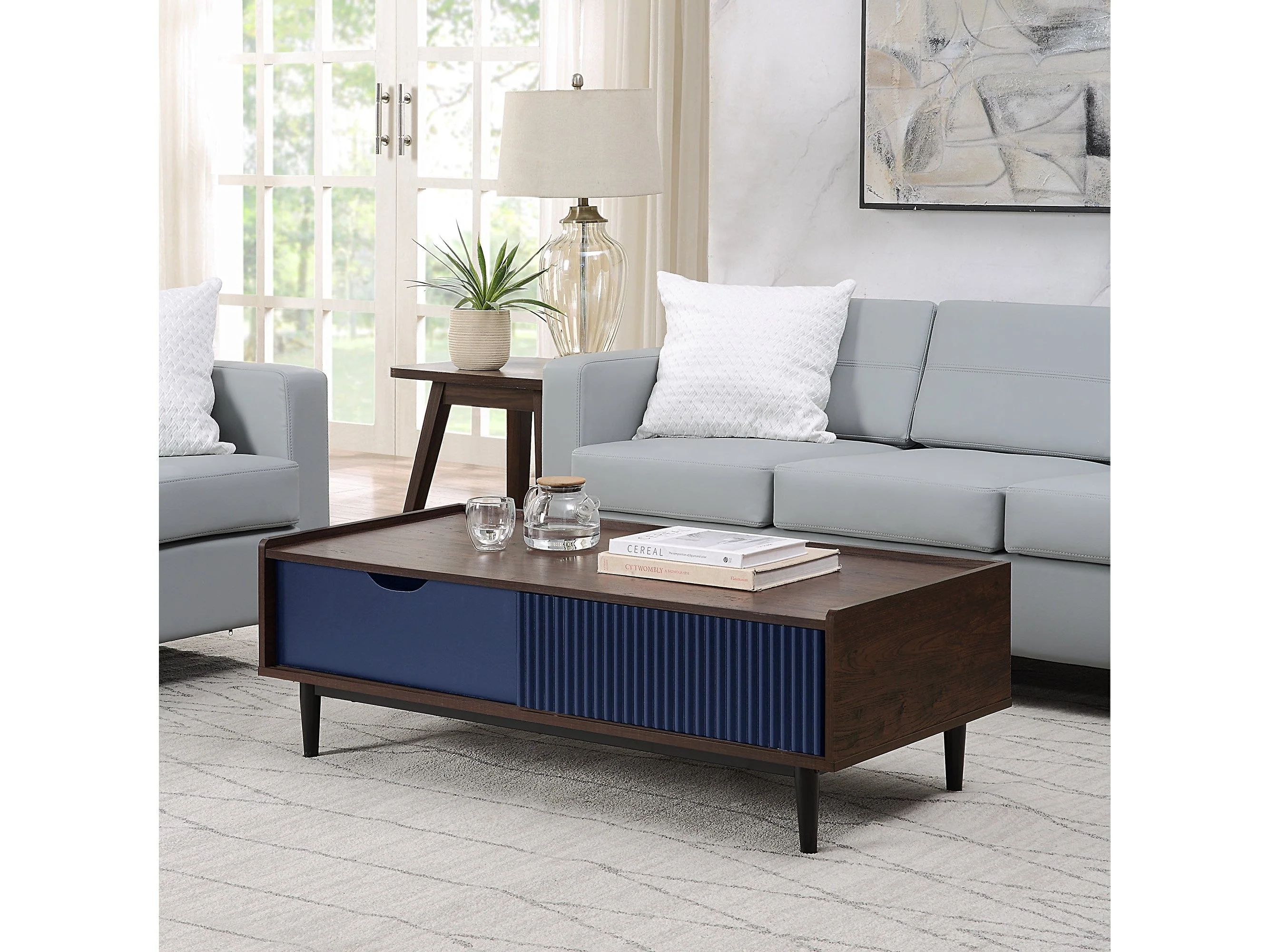 Duane Coffee Table in Dark Brown and Navy Blue