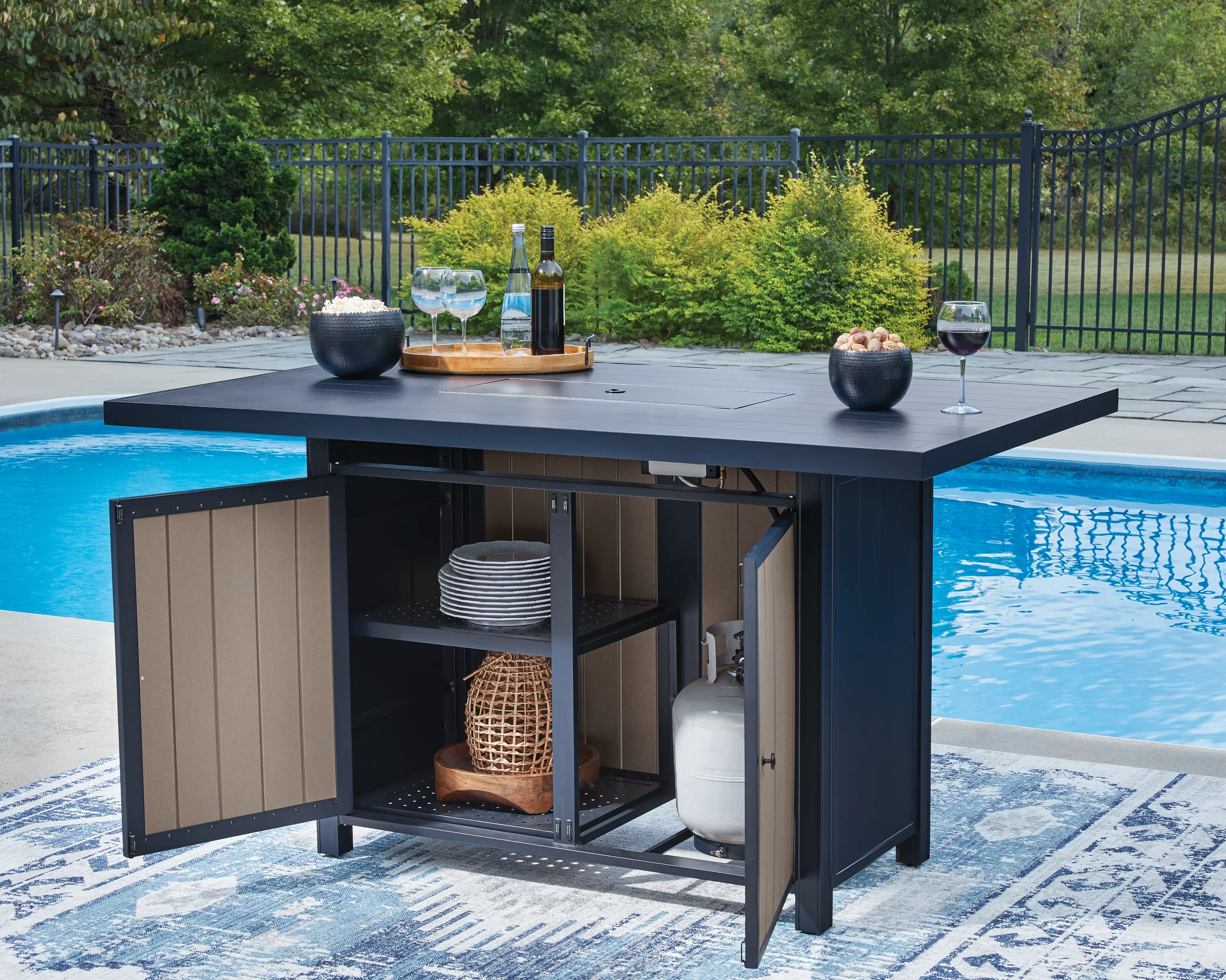 East Beach Navy Blue/Driftwood Outdoor Fire Pit Table and 6 Barstools - Image 4