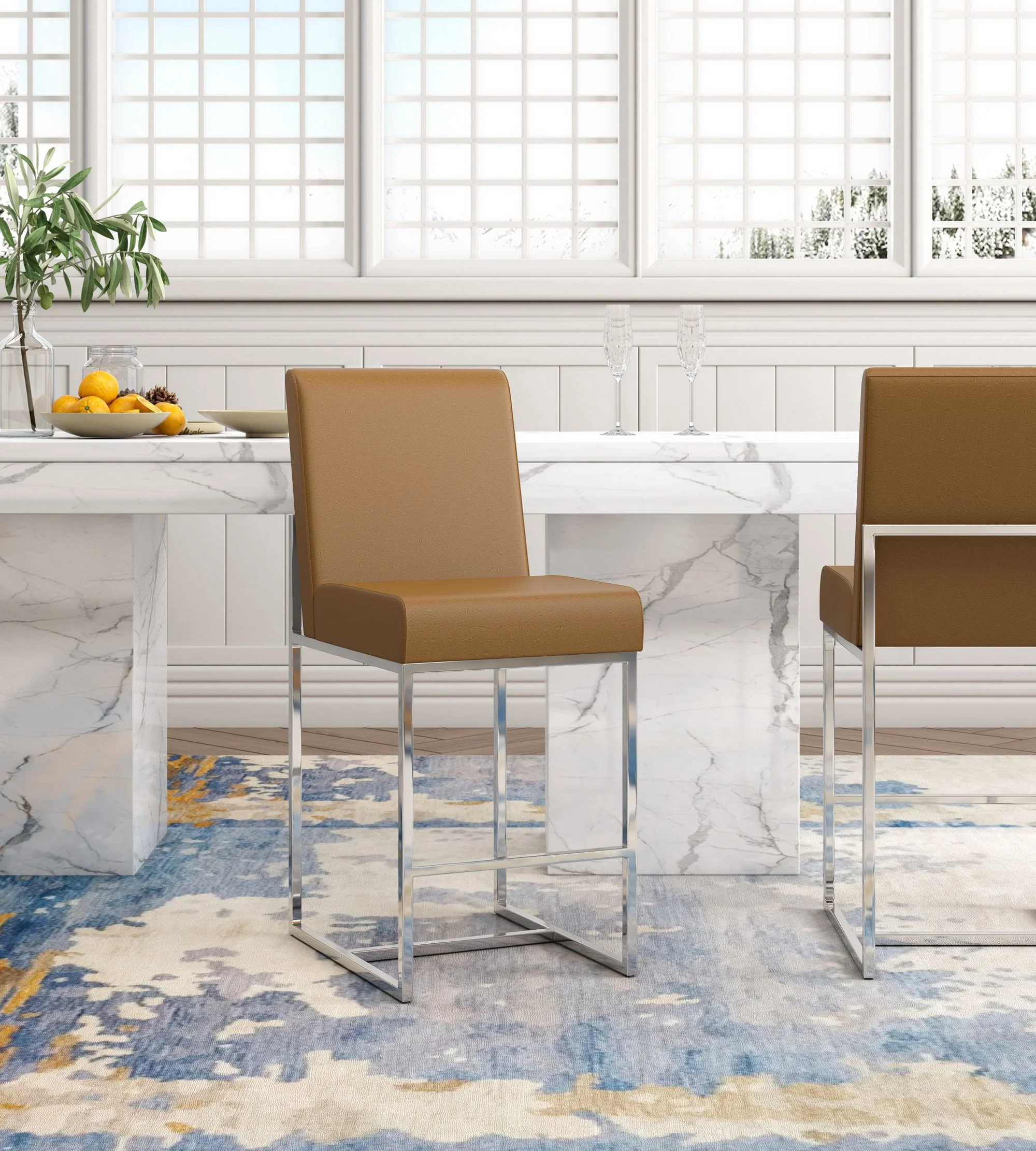 Element 24" Faux Leather Counter Stool in Camel and Polished Chrome - Image 2