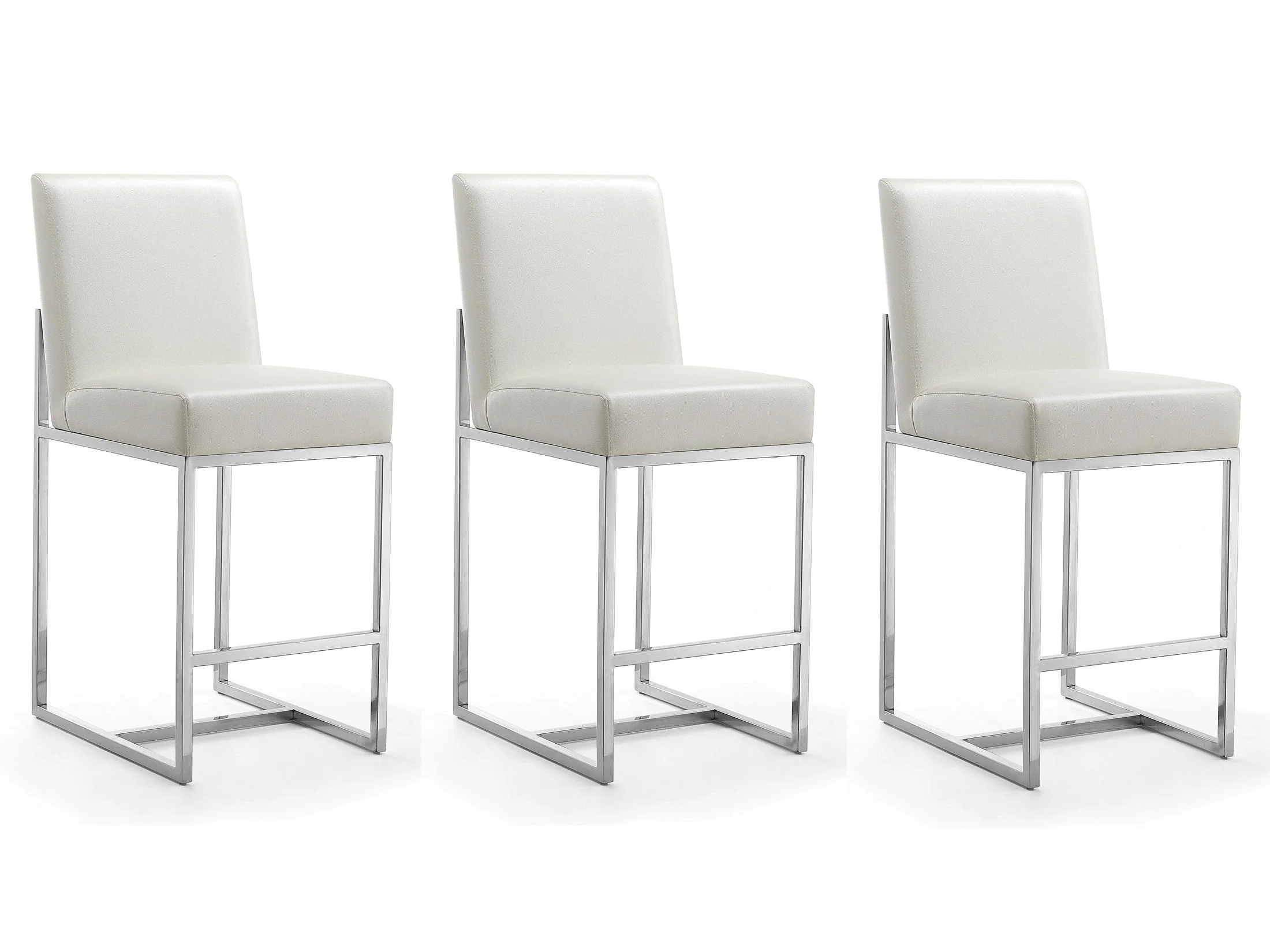 Element Faux Leather Counter Stool in Pearl White and Polished Chrome (Set of 3)