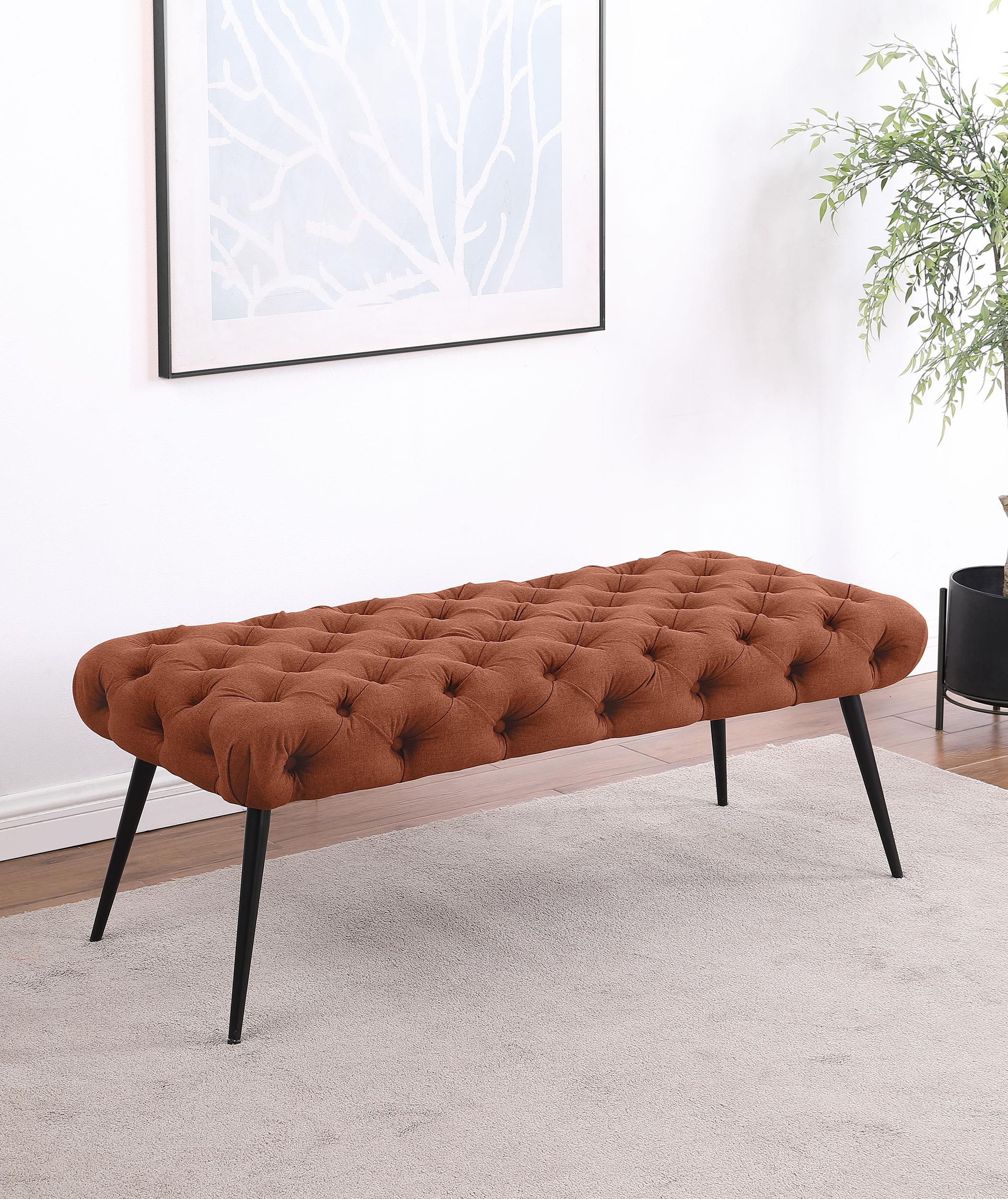 Ella Rust Upholstered Tufted Bench Stainless Steel Legs