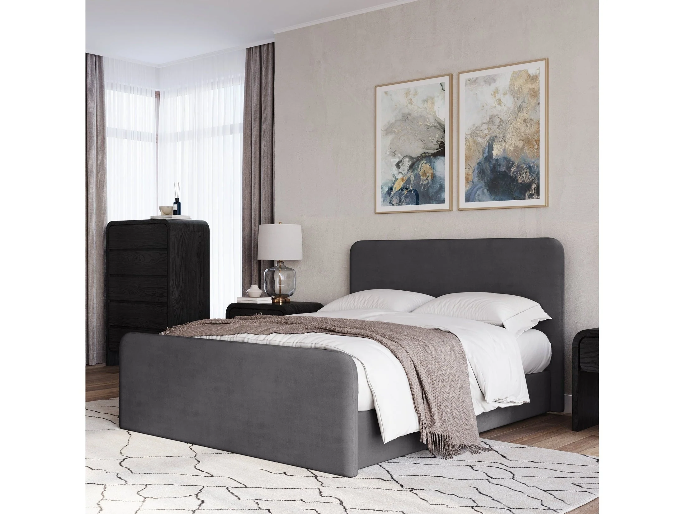 Elora Fully Upholstered Queen Platform Bed in Charcoal Velvet