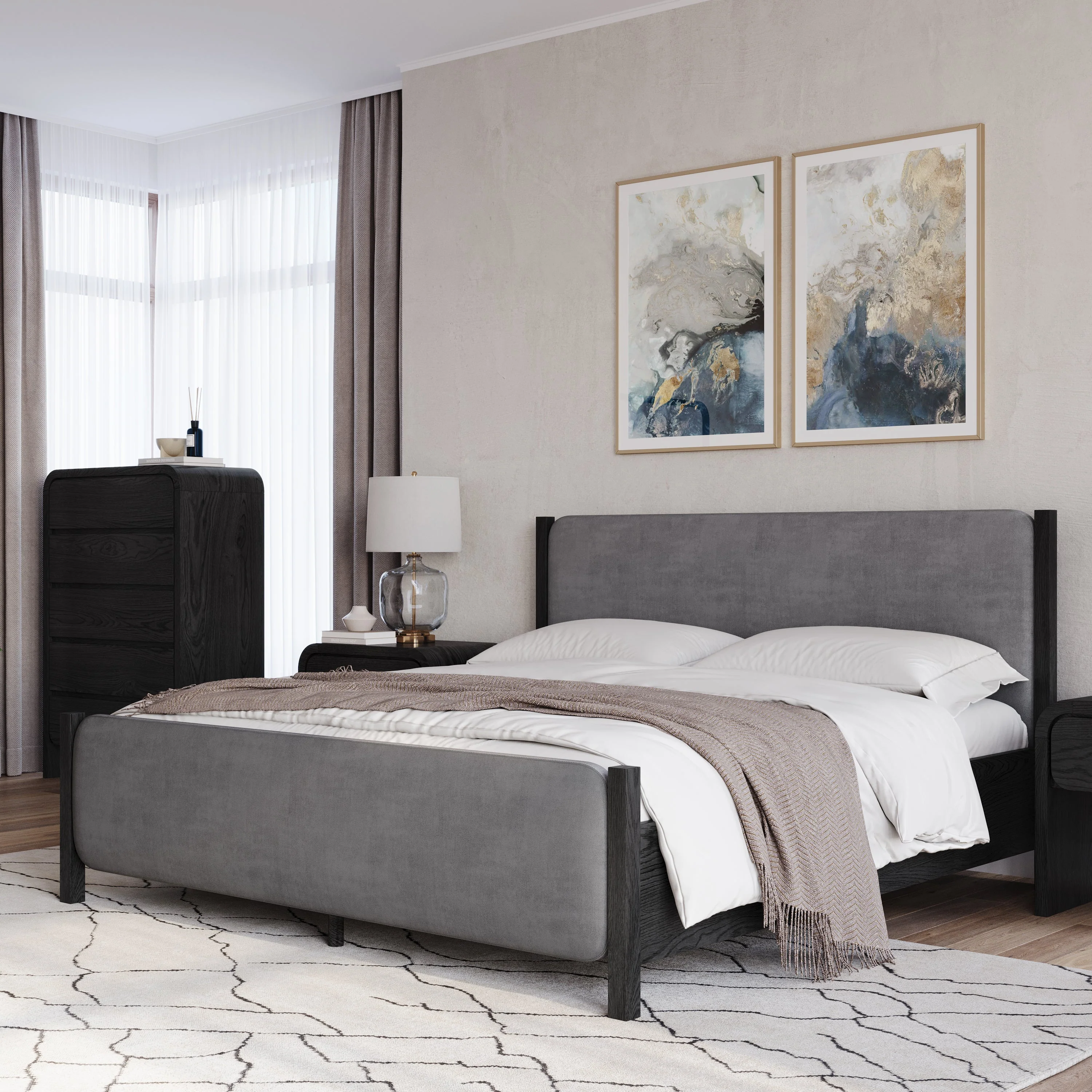 Elora Wood and Velvet Full Upholstered Bed in Jet and Charcoal - Image 2