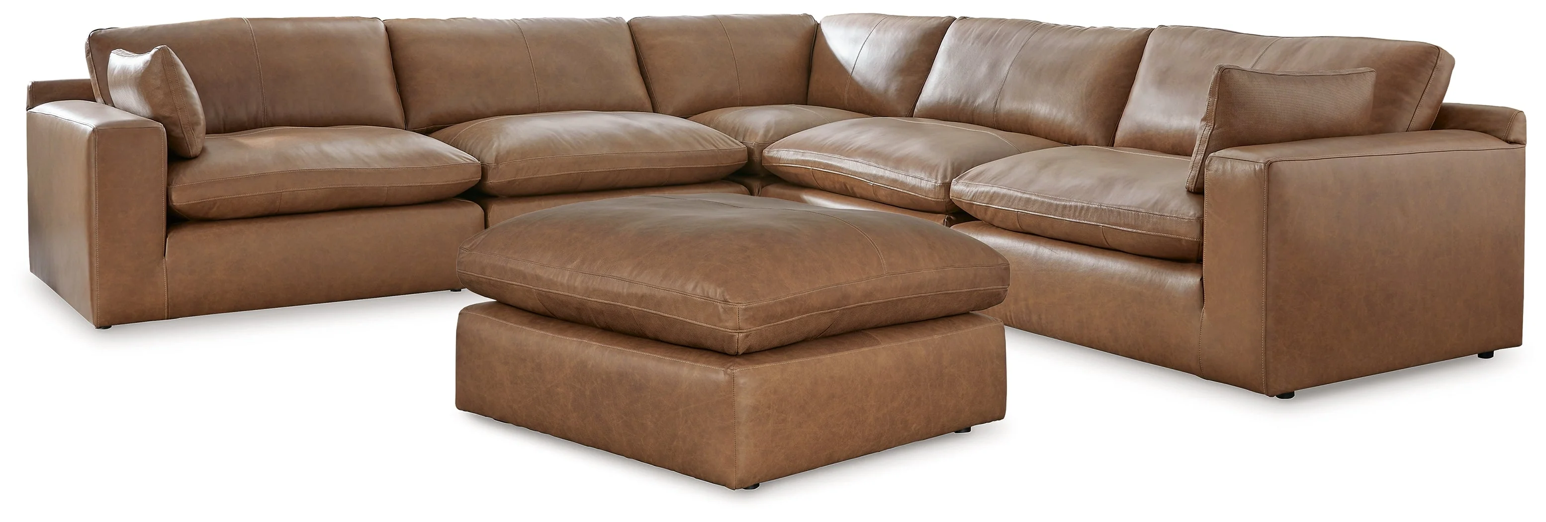 Emilia Caramel 5-Piece Leather Modular Sectional and Ottoman