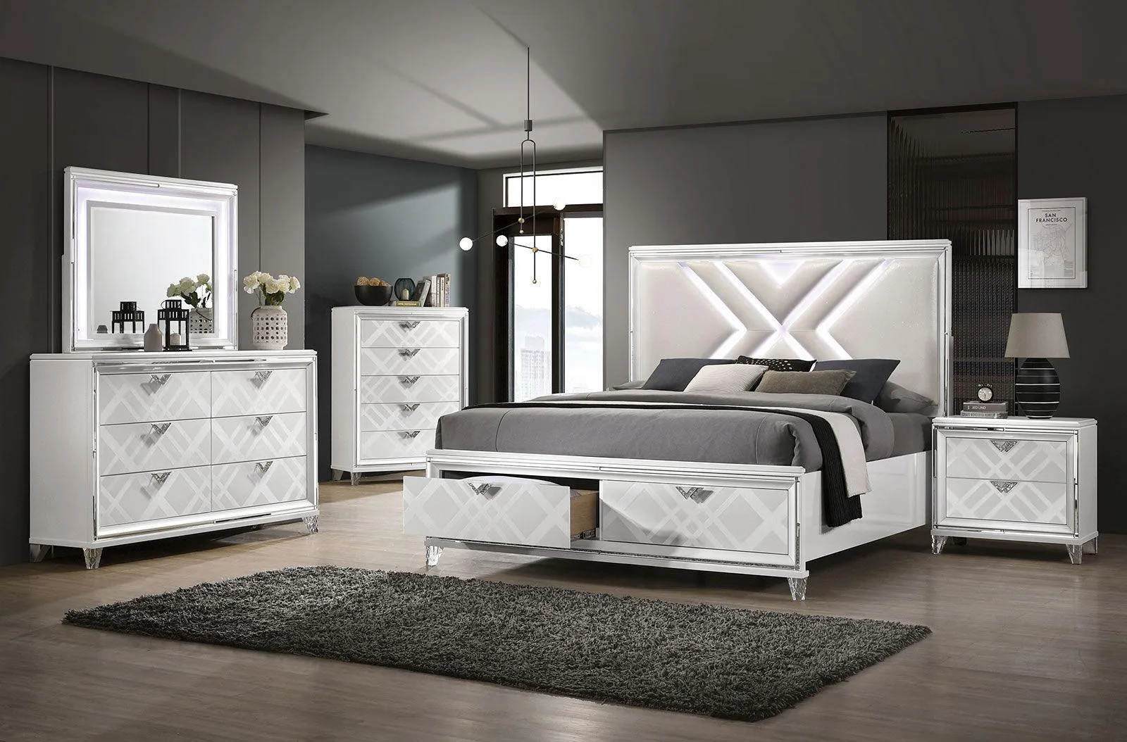 Emmeline White LED Queen Storage Platform Bed - Image 2