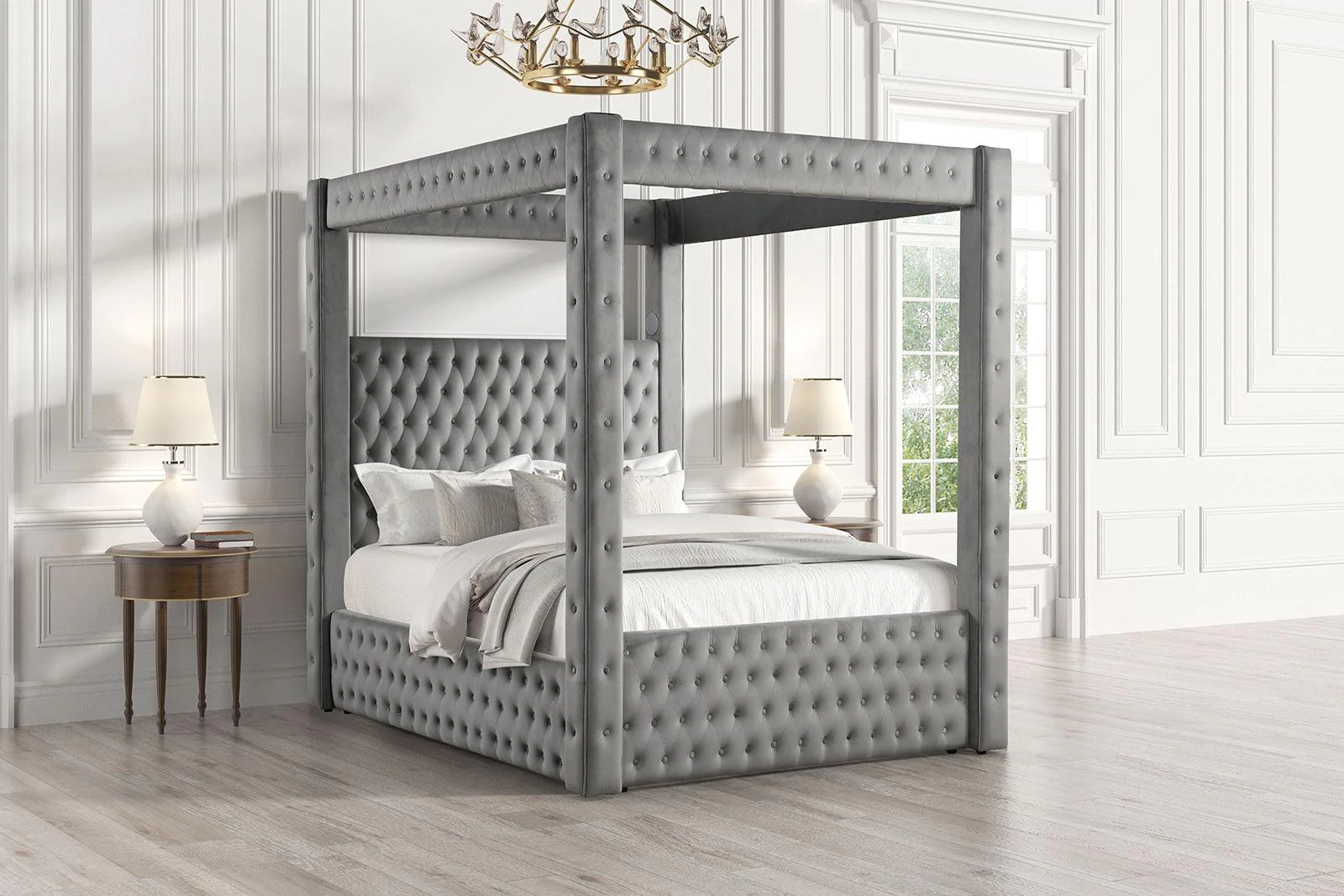 Etherea Gray King Upholstered Platform Poster Bed