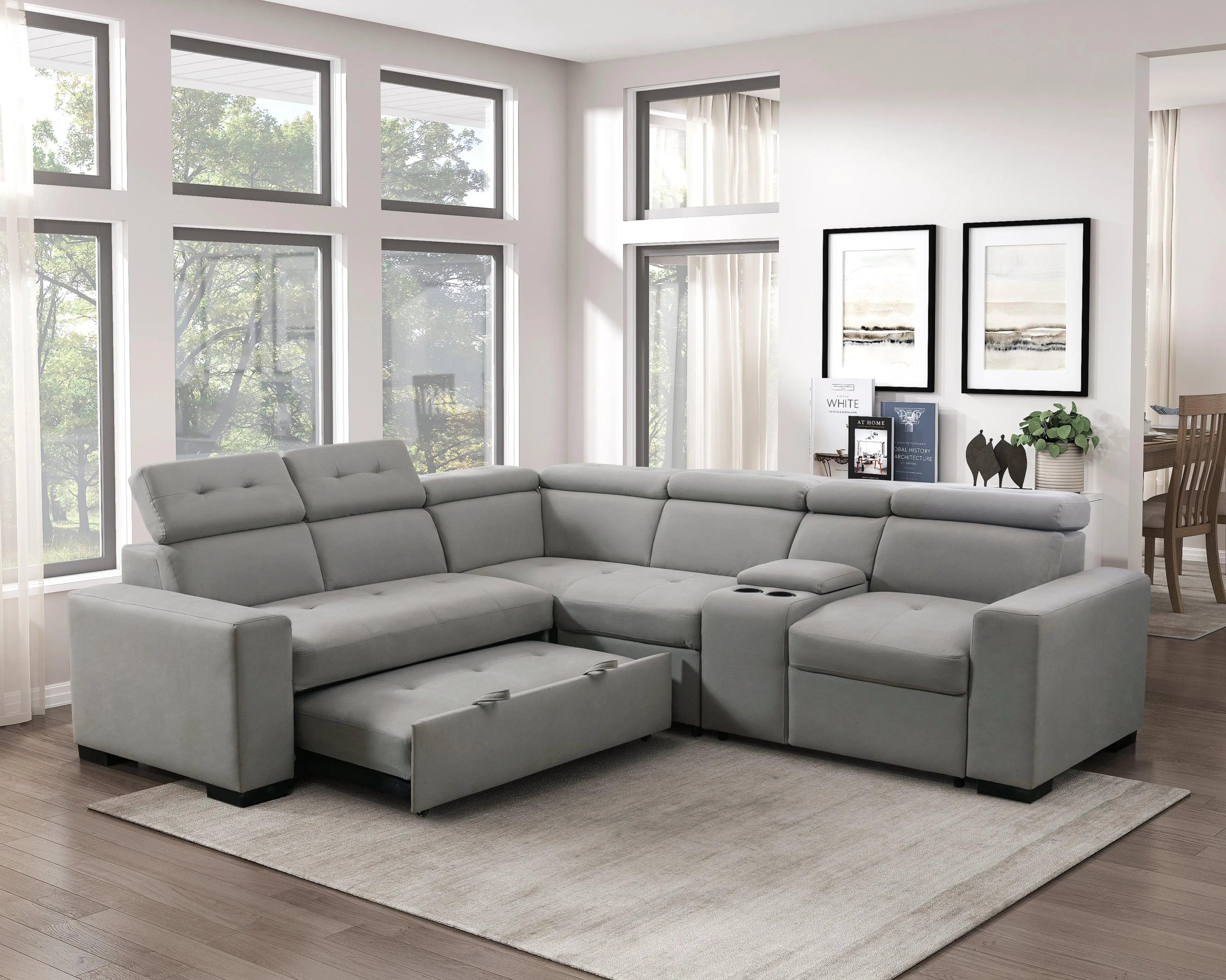 Farrah Light Gray 3-Piece Sectional with Adjustable Headrests, Pull-out Bed and Console - Image 15