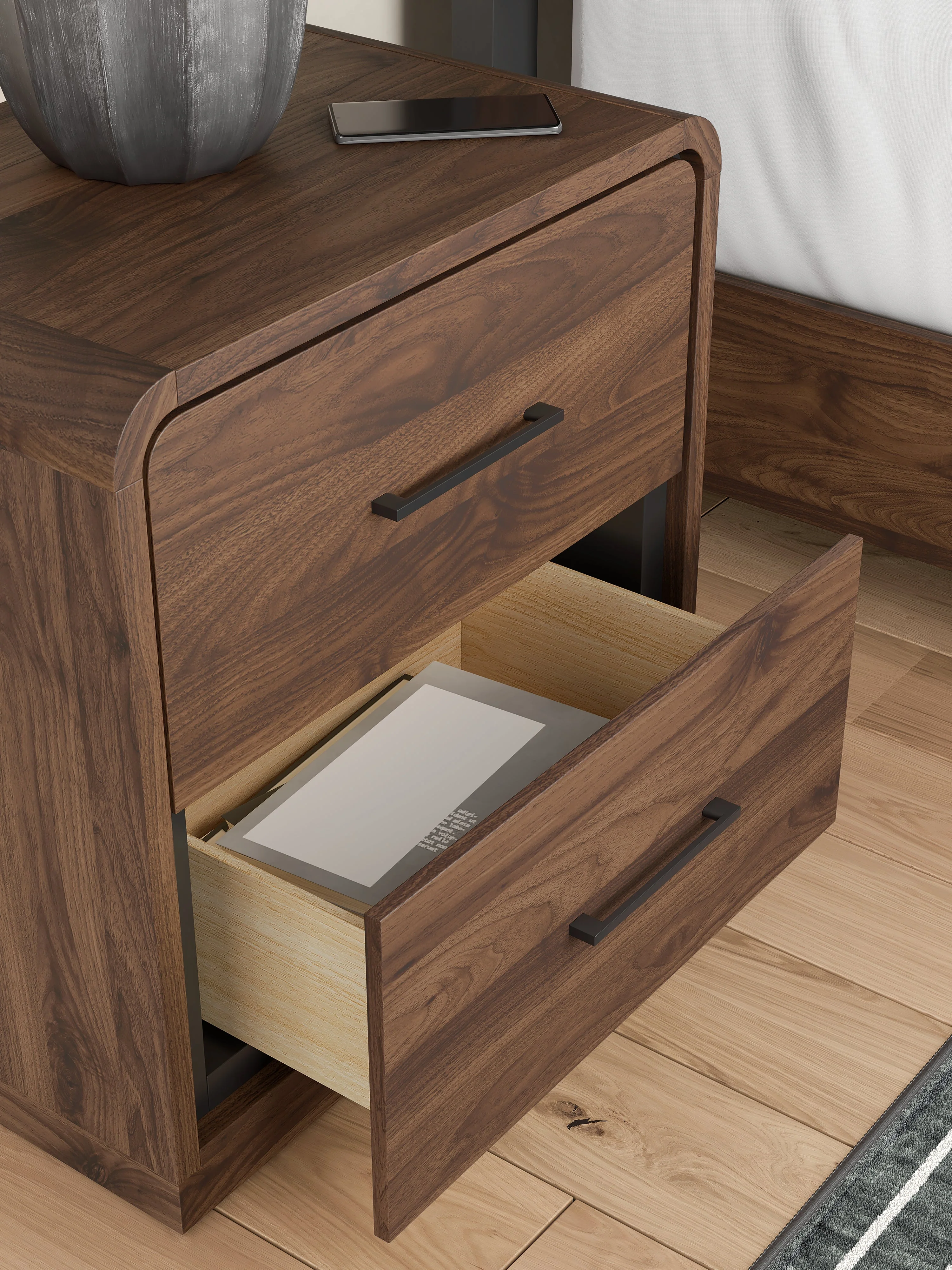 Fortlorn Walnut Brown King Panel Bed, Dresser and Nightstand - Image 31