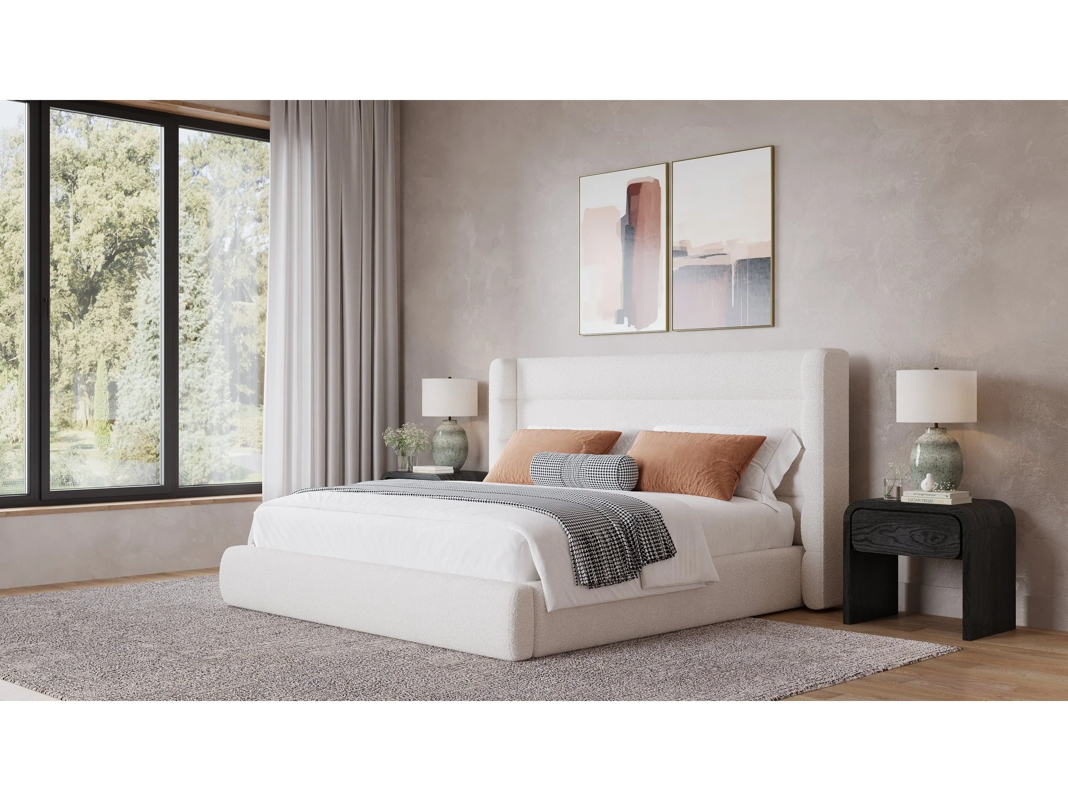 Frank Upholstered Eastern King Wingback Platform Bed in Cottage Cheese Boucle