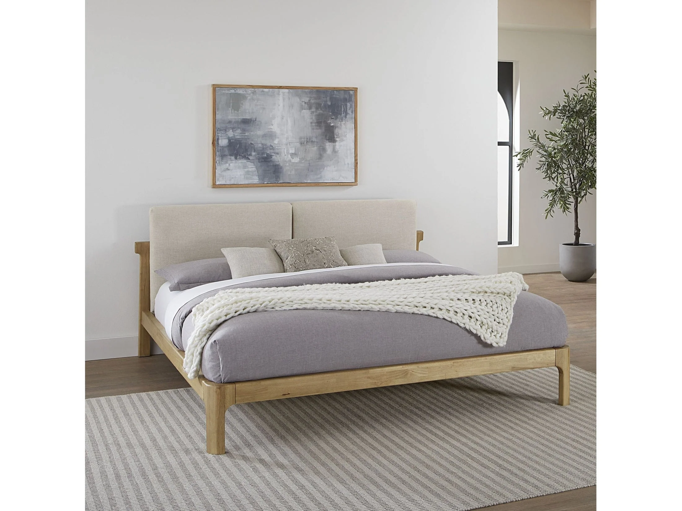 Furano Eastern King Upholstered Two Cushion Platform Bed in Ginger and Natural Linen