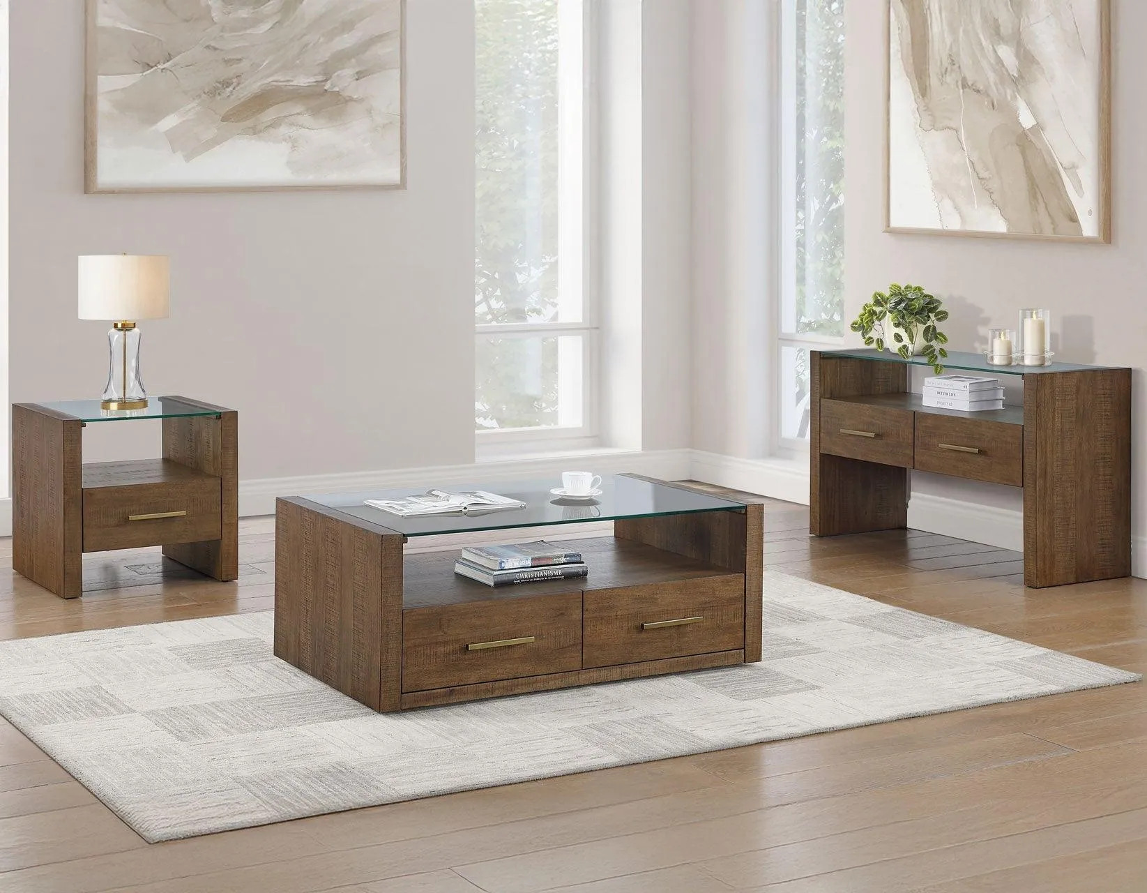 Garland Toffee Finish Castered Glass Top Coffee Table - Image 4