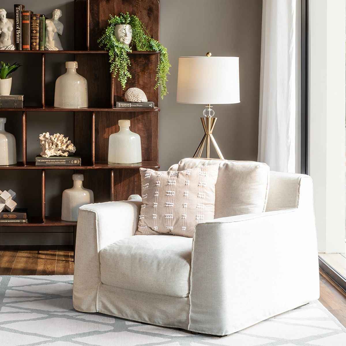 Gatsby Palladium Swivel Accent Chair in White Linen Slipcover - Image 3