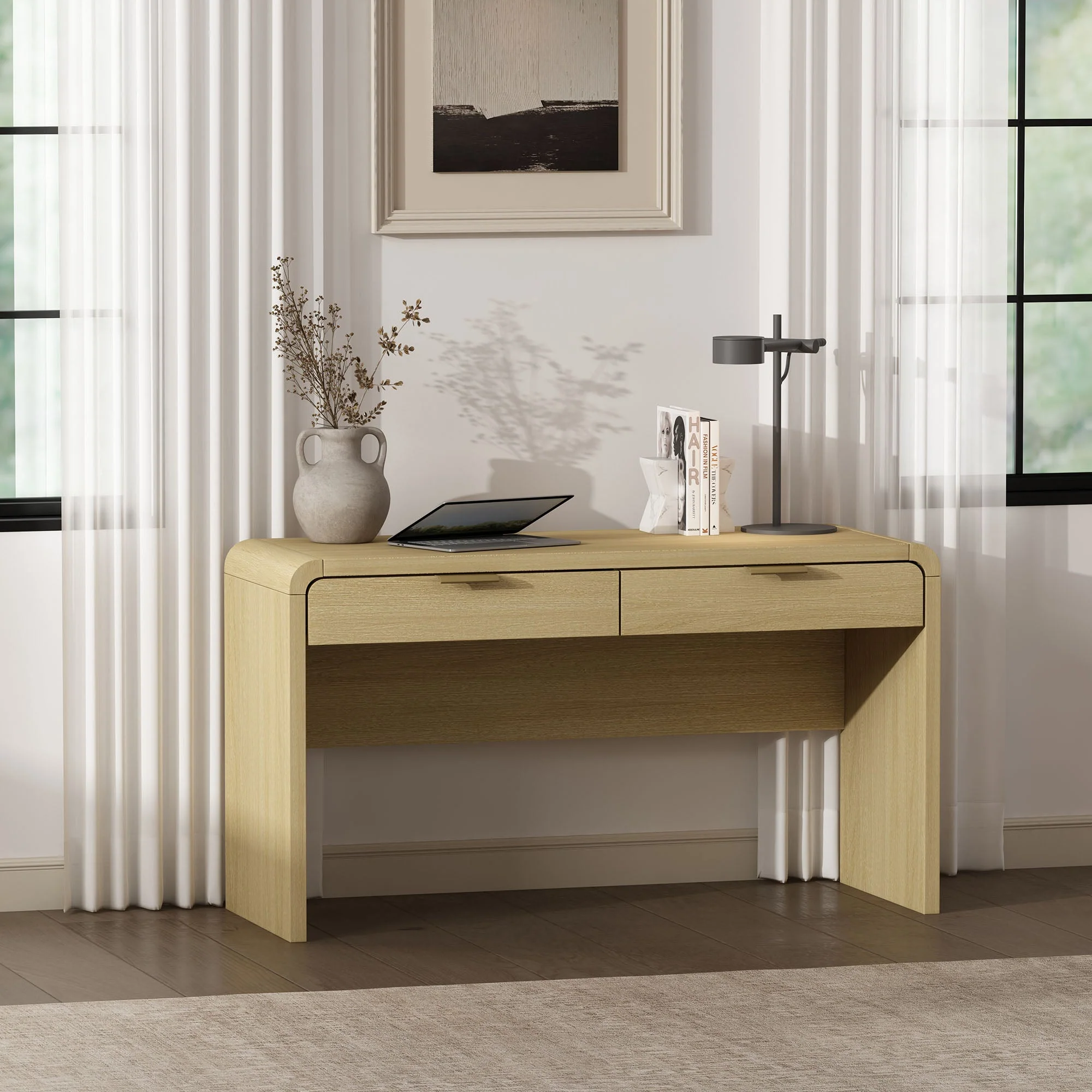 Grace 54" Home Office Desk in Natural Oak and Gold - Image 2