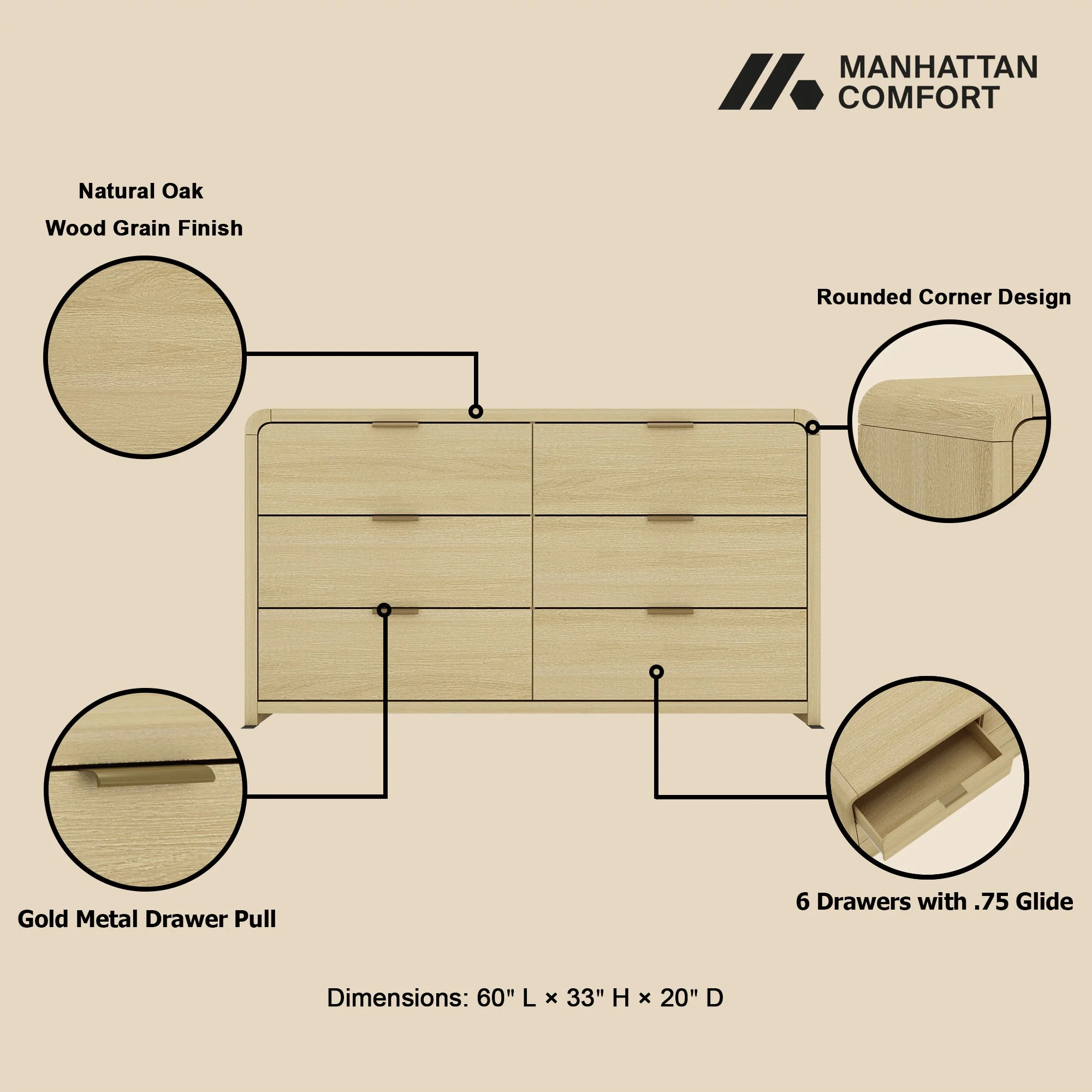 Grace 60" Double Dresser in Natural Oak and Gold - Image 4