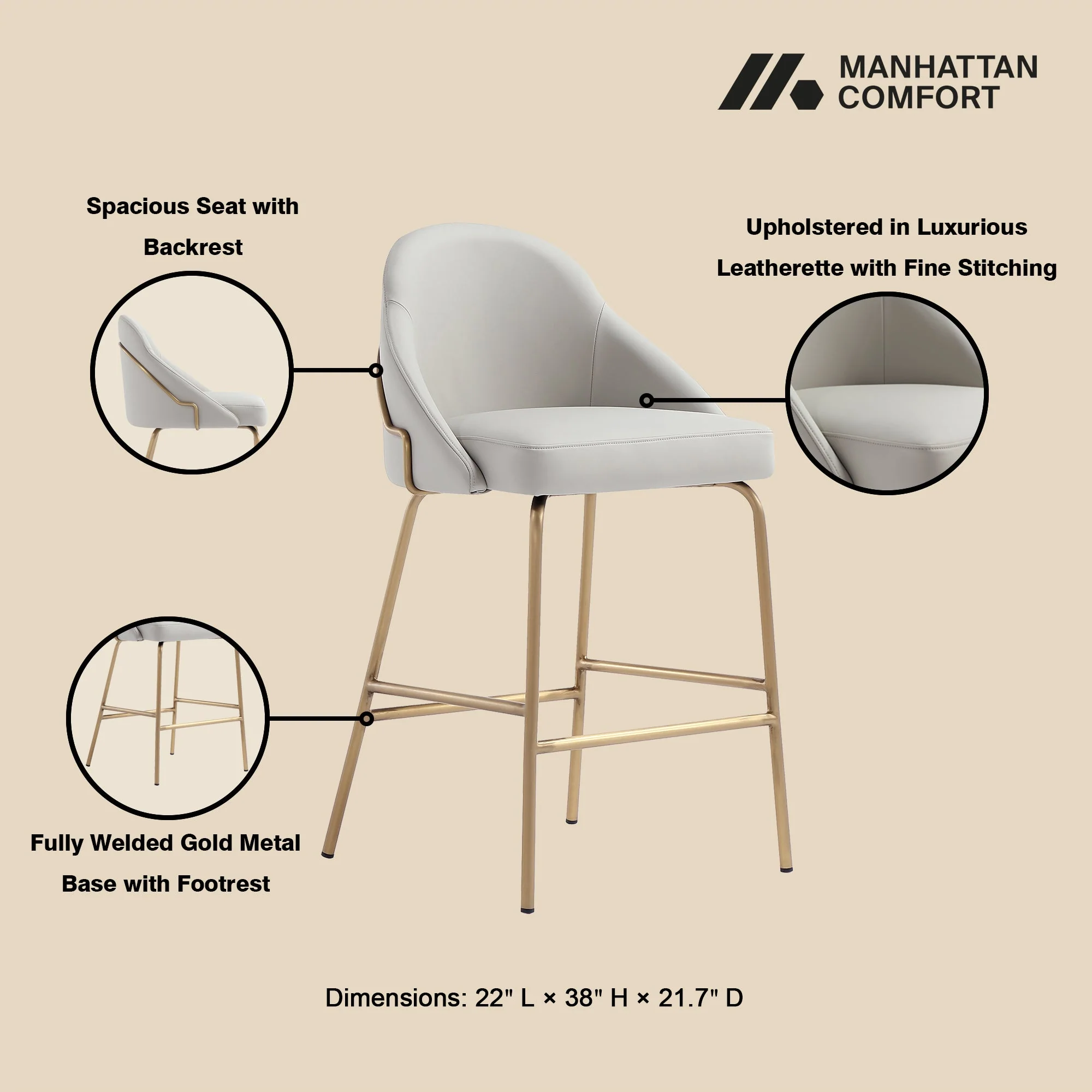 Gracie Counter Stool in Stone and Gold - Image 4
