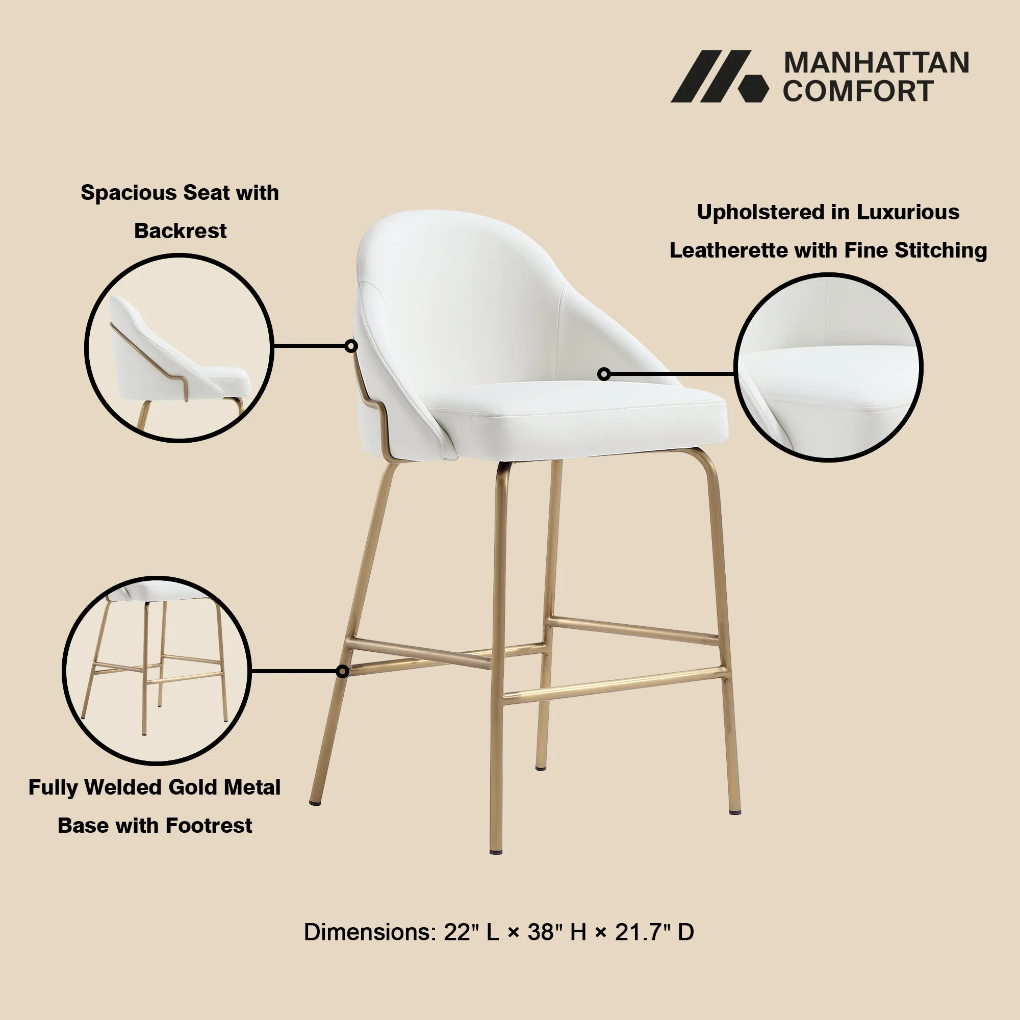 Gracie Counter Stool in White and Gold (set of 2) - Image 4