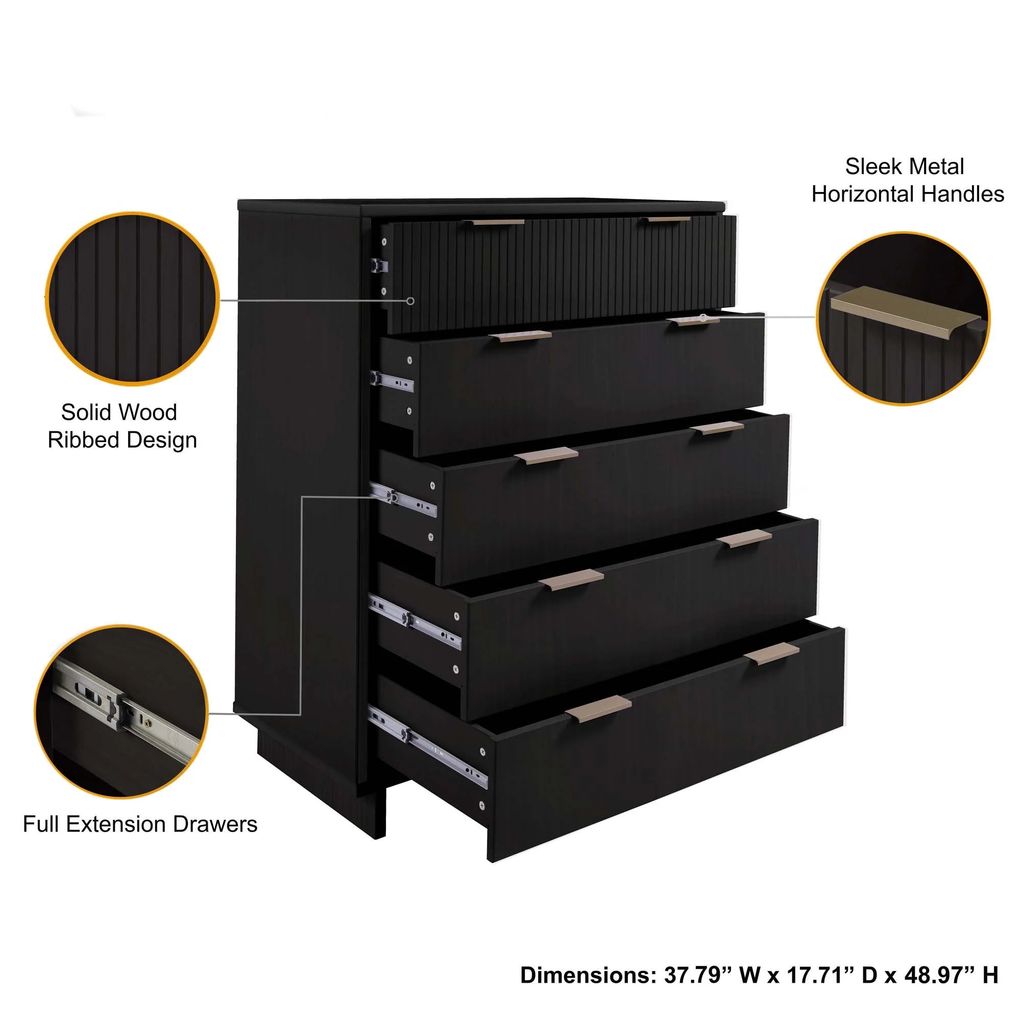Granville 2-Piece Tall Chest and Double Dresser Set in Black - Image 5