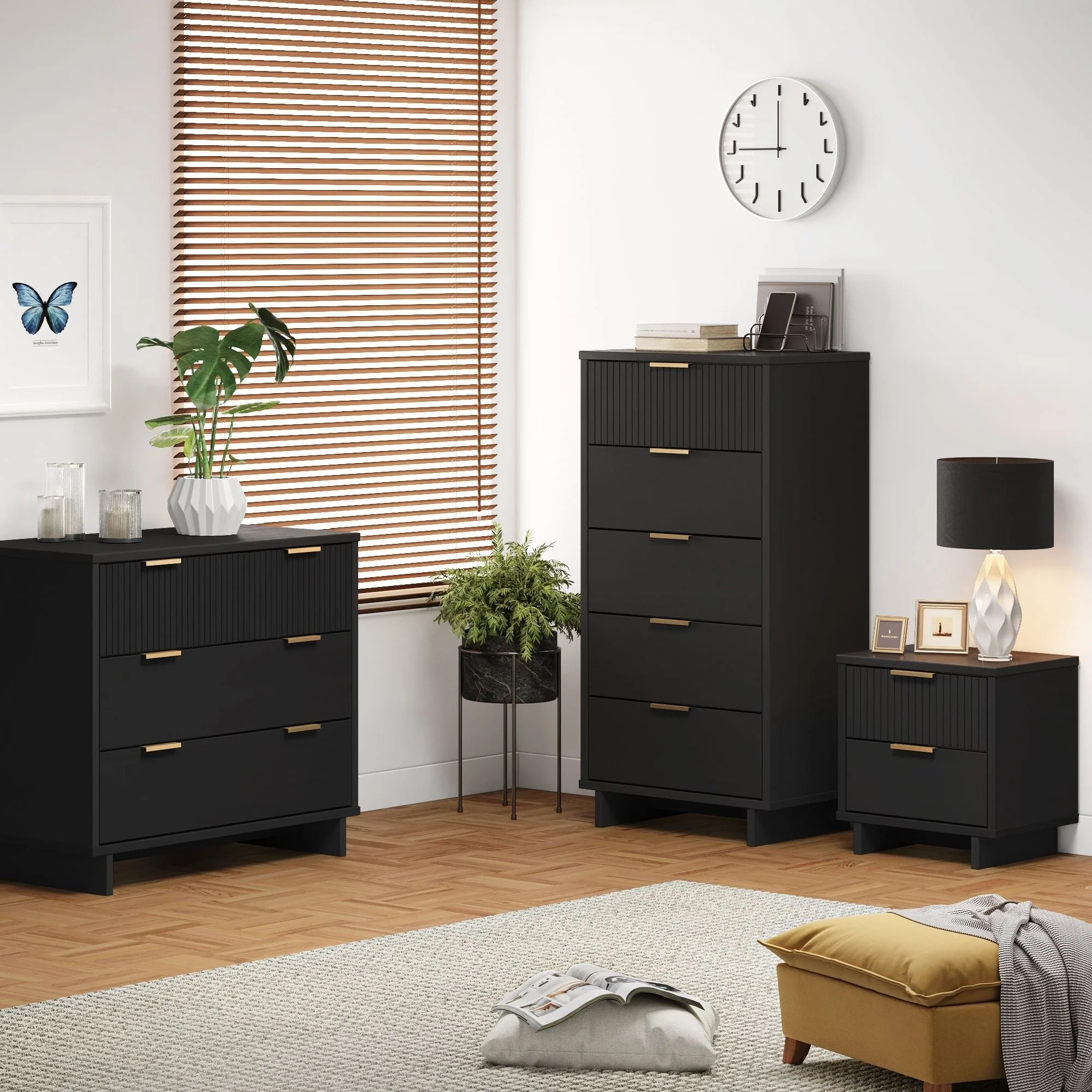 Granville 3-Piece Standard Dresser, Tall Narrow Chest and Nightstand Set in Black - Image 2