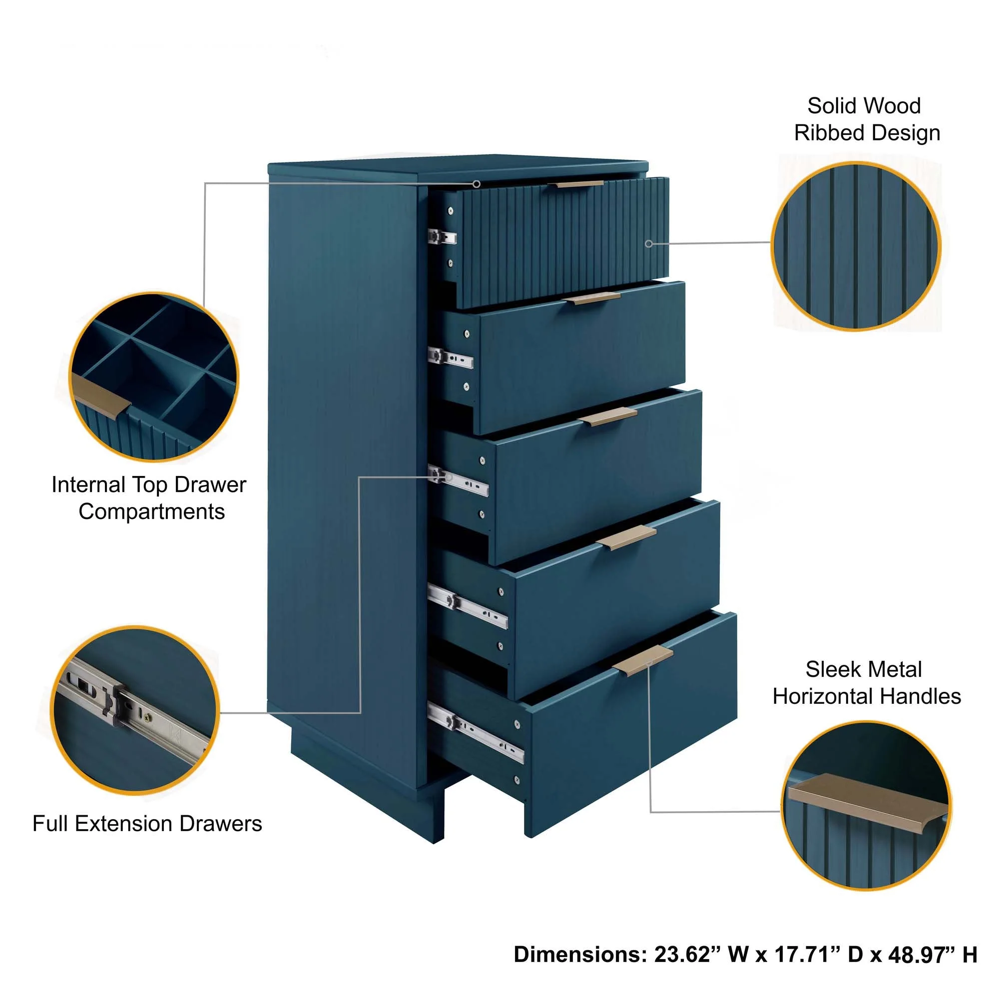 Granville 3-Piece Standard Dresser, Tall Narrow Chest and Nightstand Set in Midnight Blue - Image 6