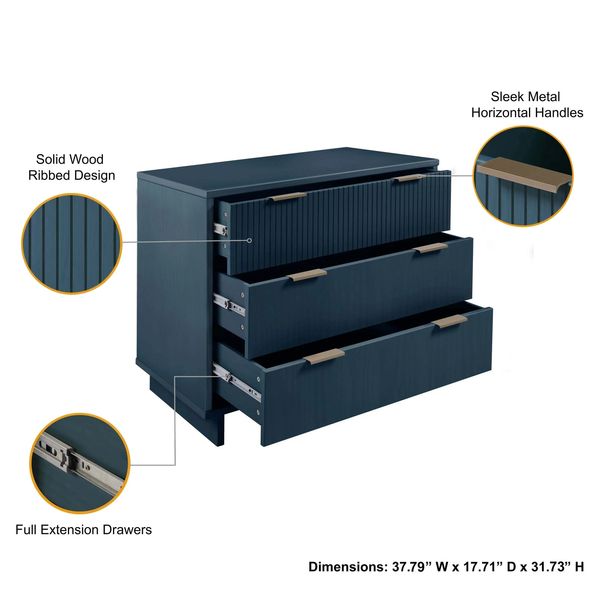 Granville 3-Piece Standard Dresser, Tall Narrow Chest and Nightstand Set in Midnight Blue - Image 7