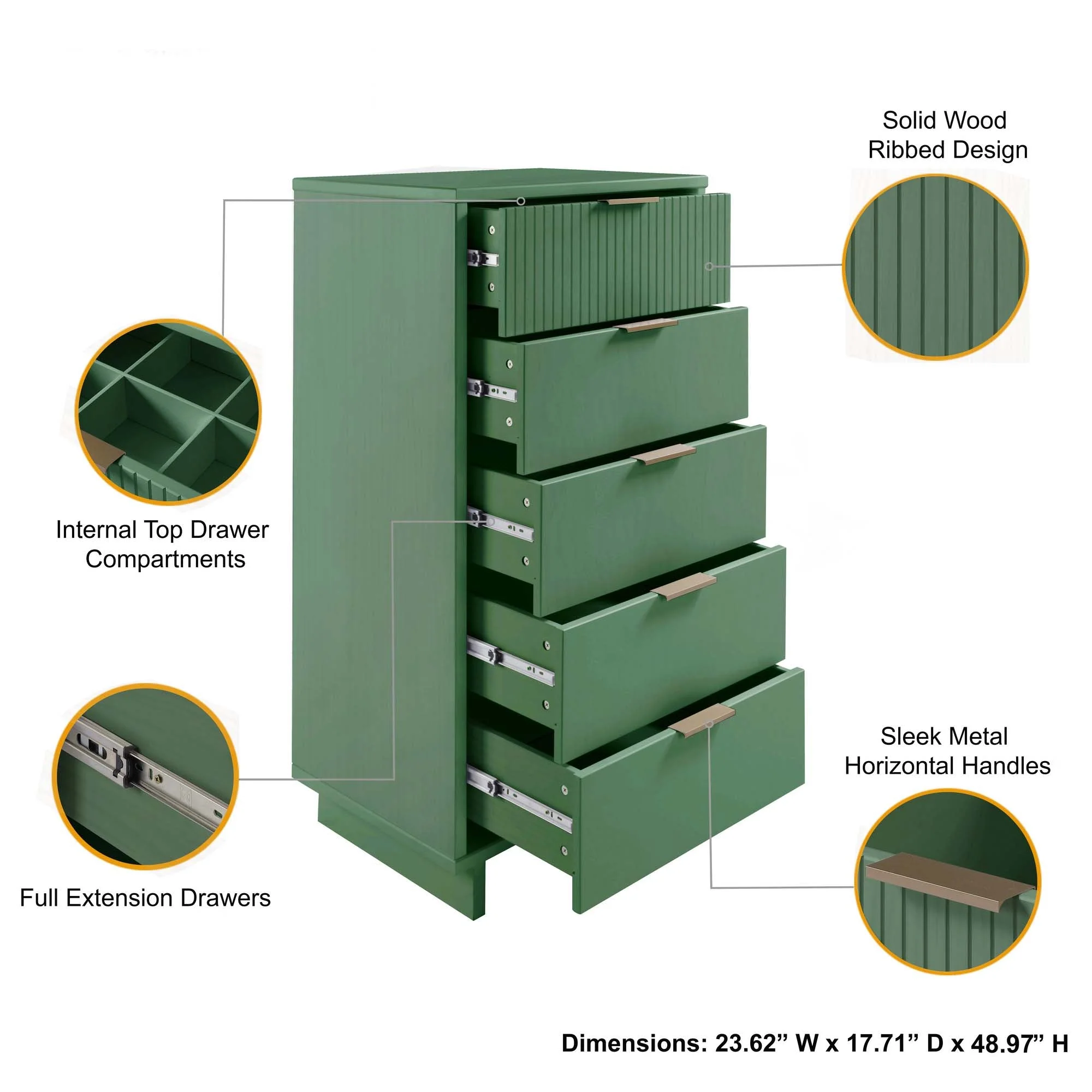 Granville 3-Piece Standard Dresser, Tall Narrow Chest and Nightstand Set in Sage Green - Image 6