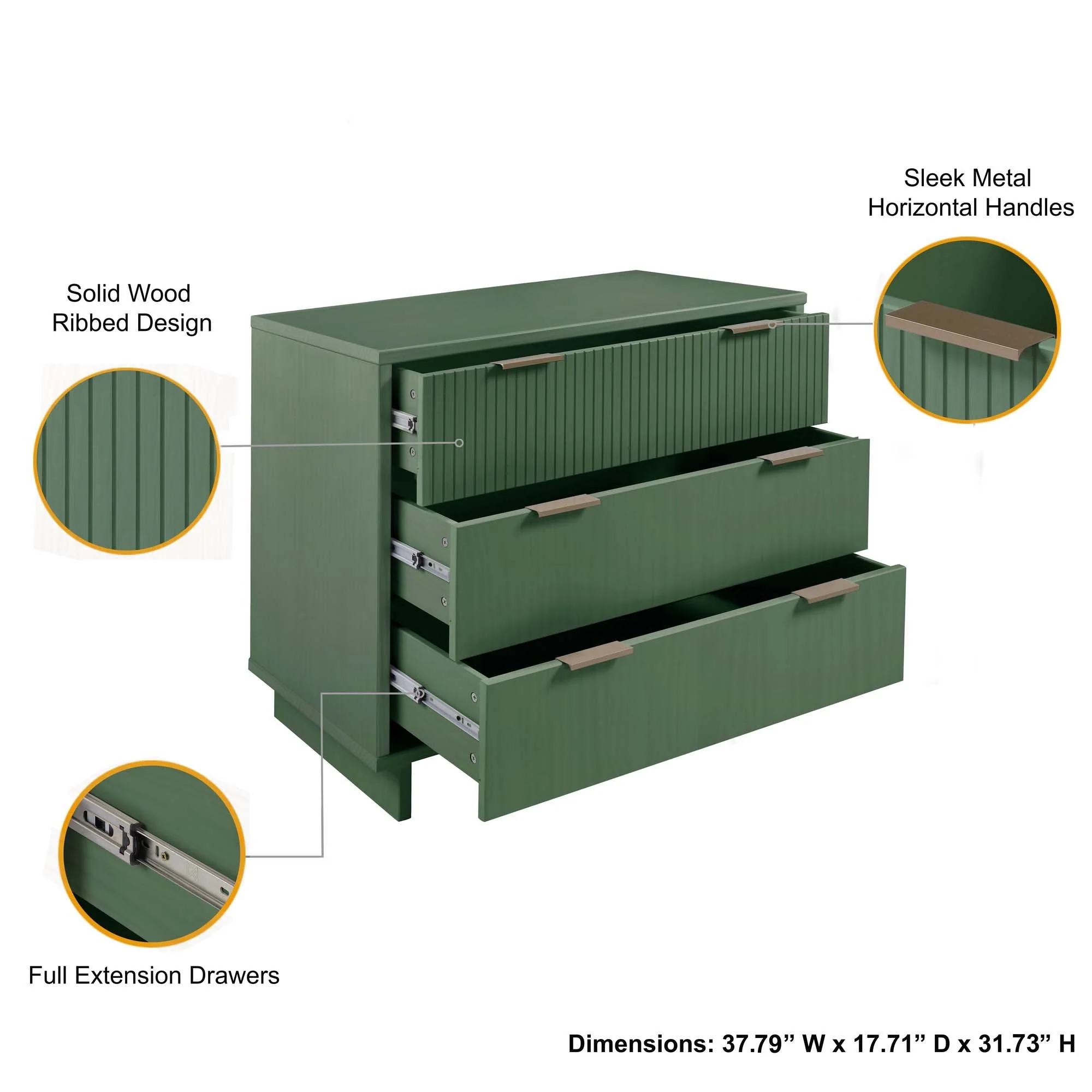 Granville 3-Piece Standard Dresser, Tall Narrow Chest and Nightstand Set in Sage Green - Image 7