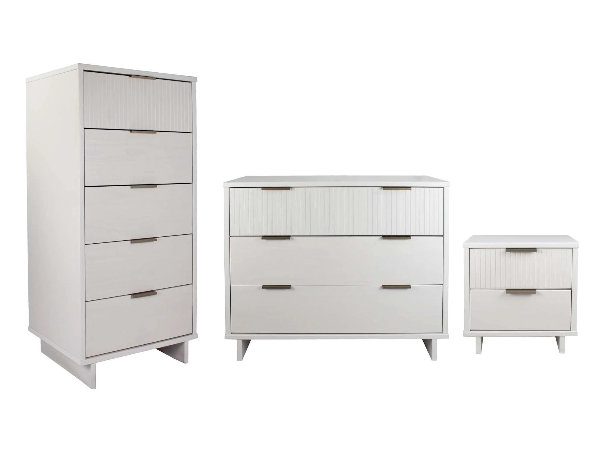Granville 3-Piece Standard Dresser, Tall Narrow Chest and Nightstand Set in White