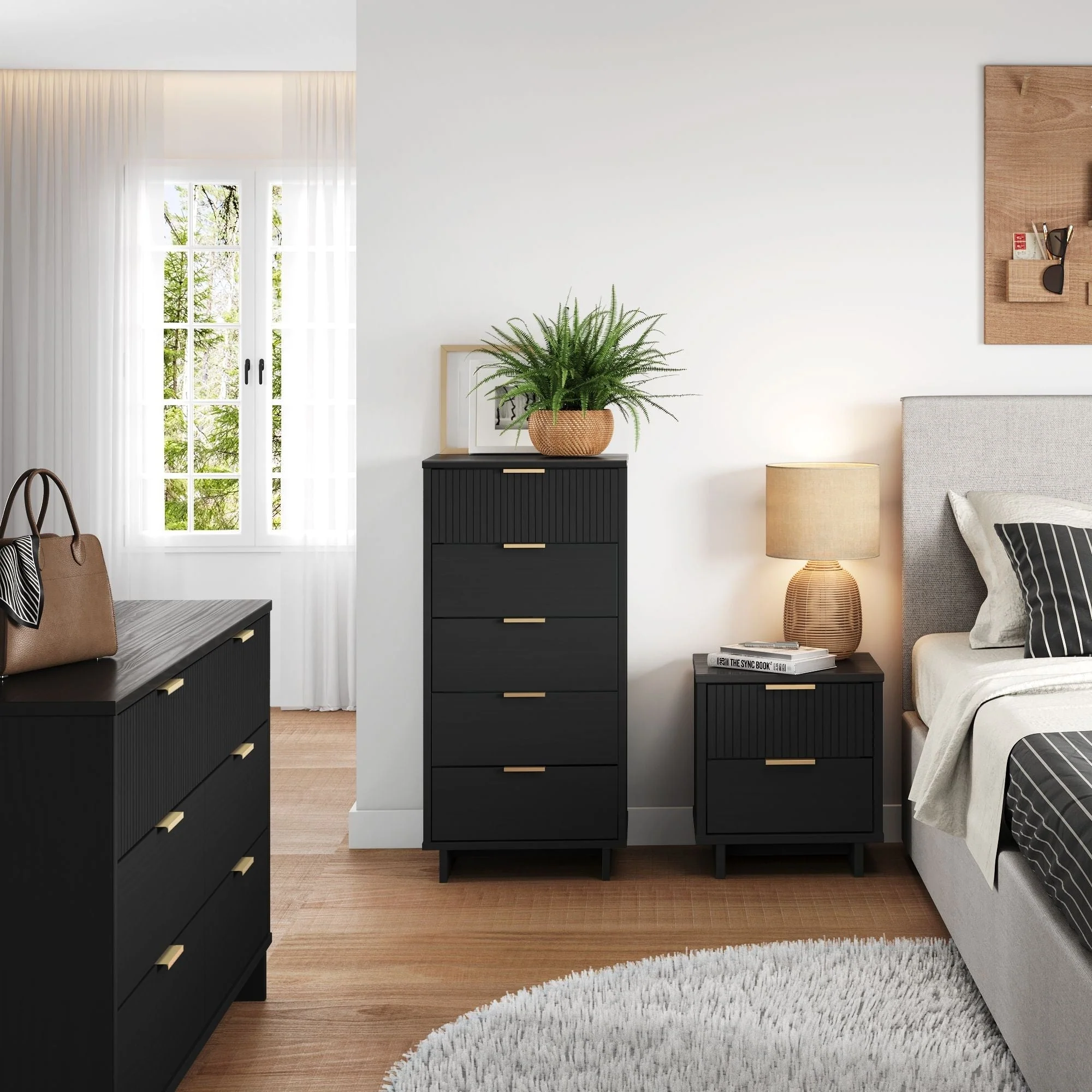 Granville 3-Piece Tall Narrow Chest, Double Dresser and Nightstand Set in Black - Image 2