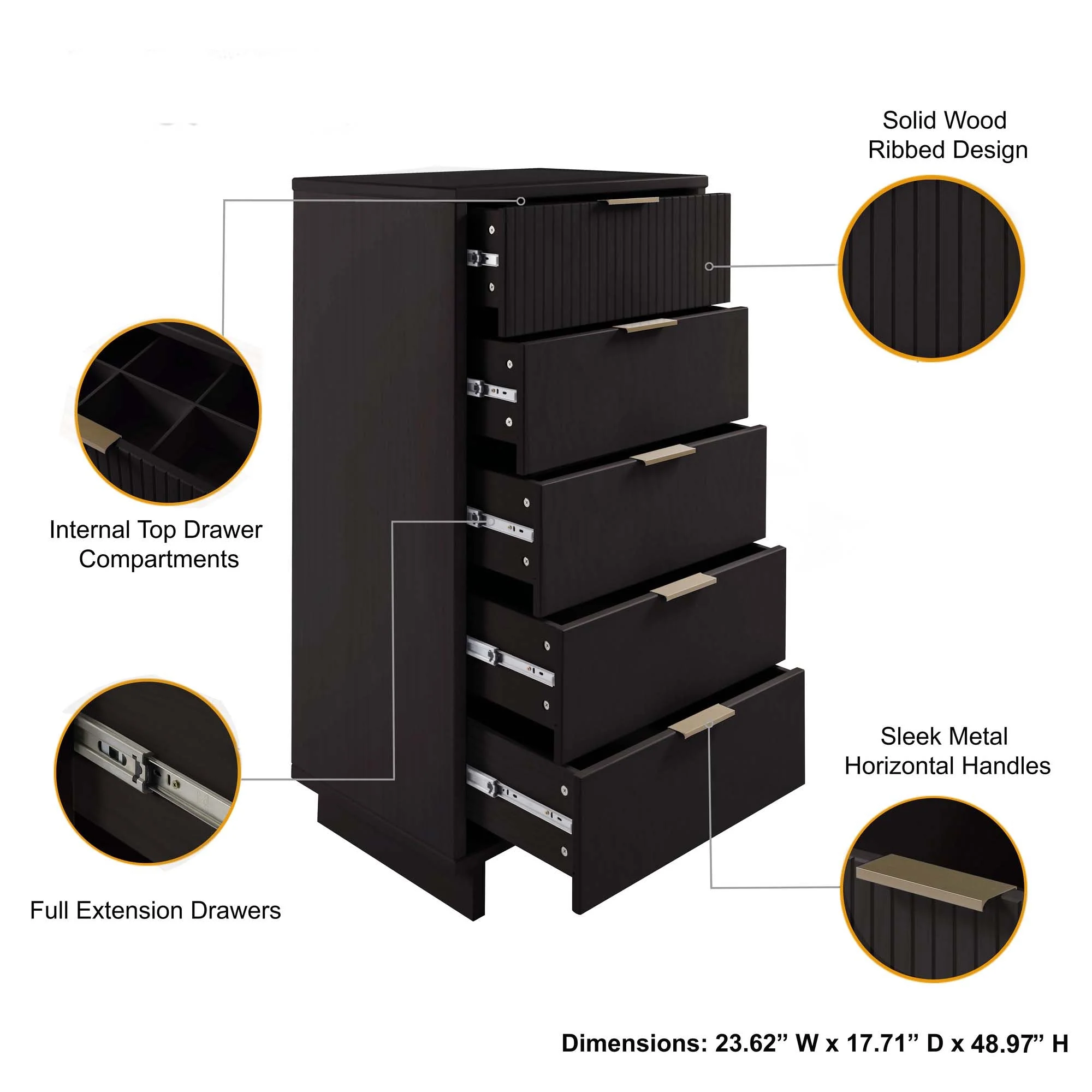 Granville 3-Piece Tall Narrow Chest, Double Dresser and Nightstand Set in Black - Image 6