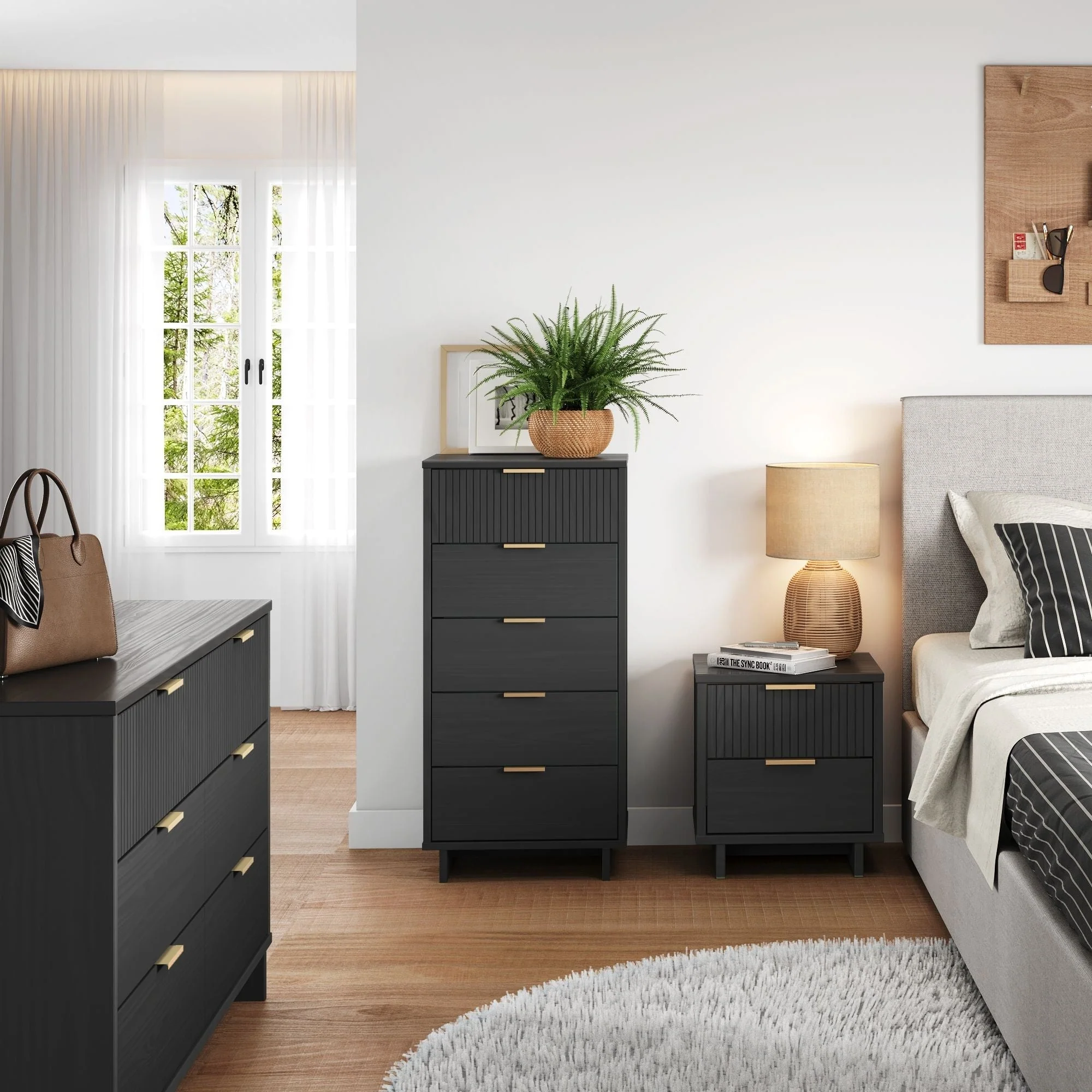 Granville 3-Piece Tall Narrow Chest, Double Dresser and Nightstand Set in Dark Grey - Image 2