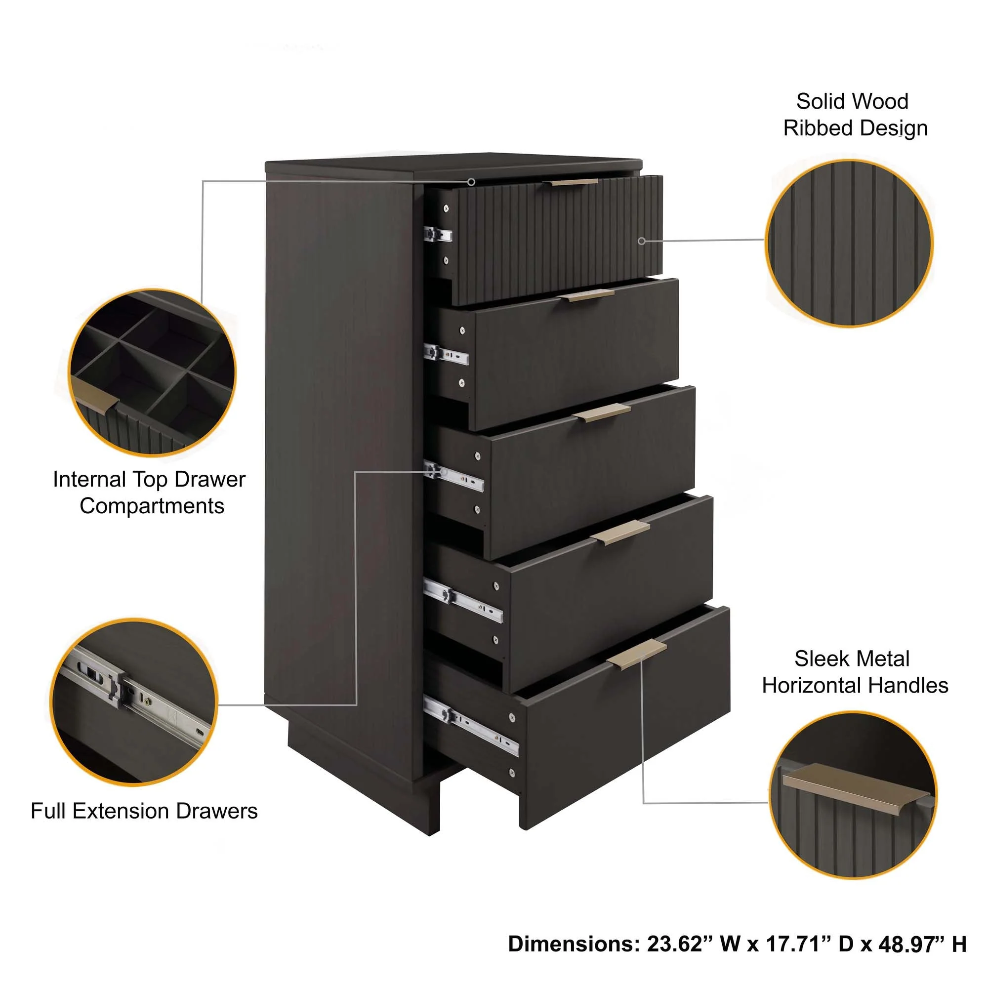 Granville 3-Piece Tall Narrow Chest, Double Dresser and Nightstand Set in Dark Grey - Image 6