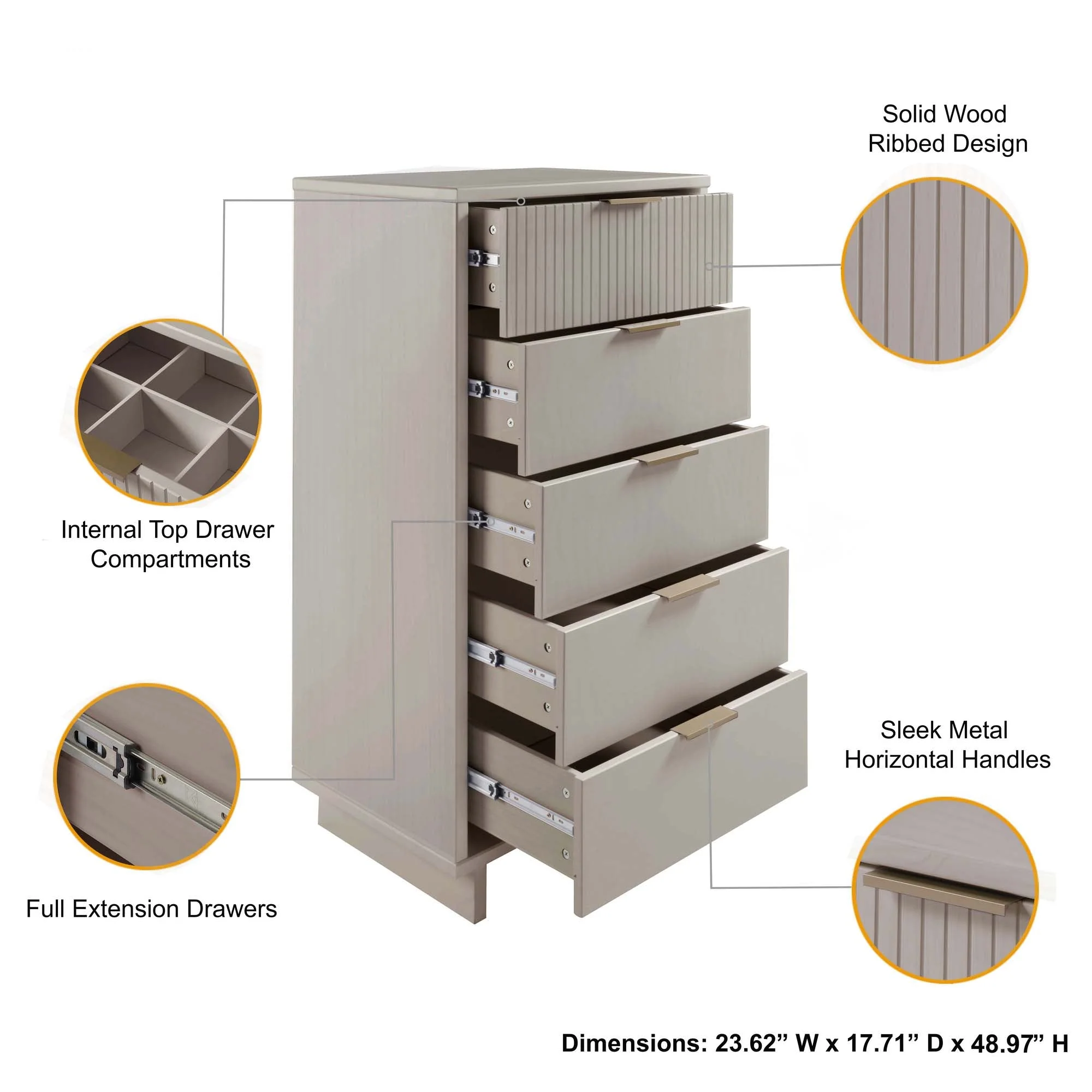 Granville 3-Piece Tall Narrow Chest, Double Dresser and Nightstand Set in Light Grey - Image 6