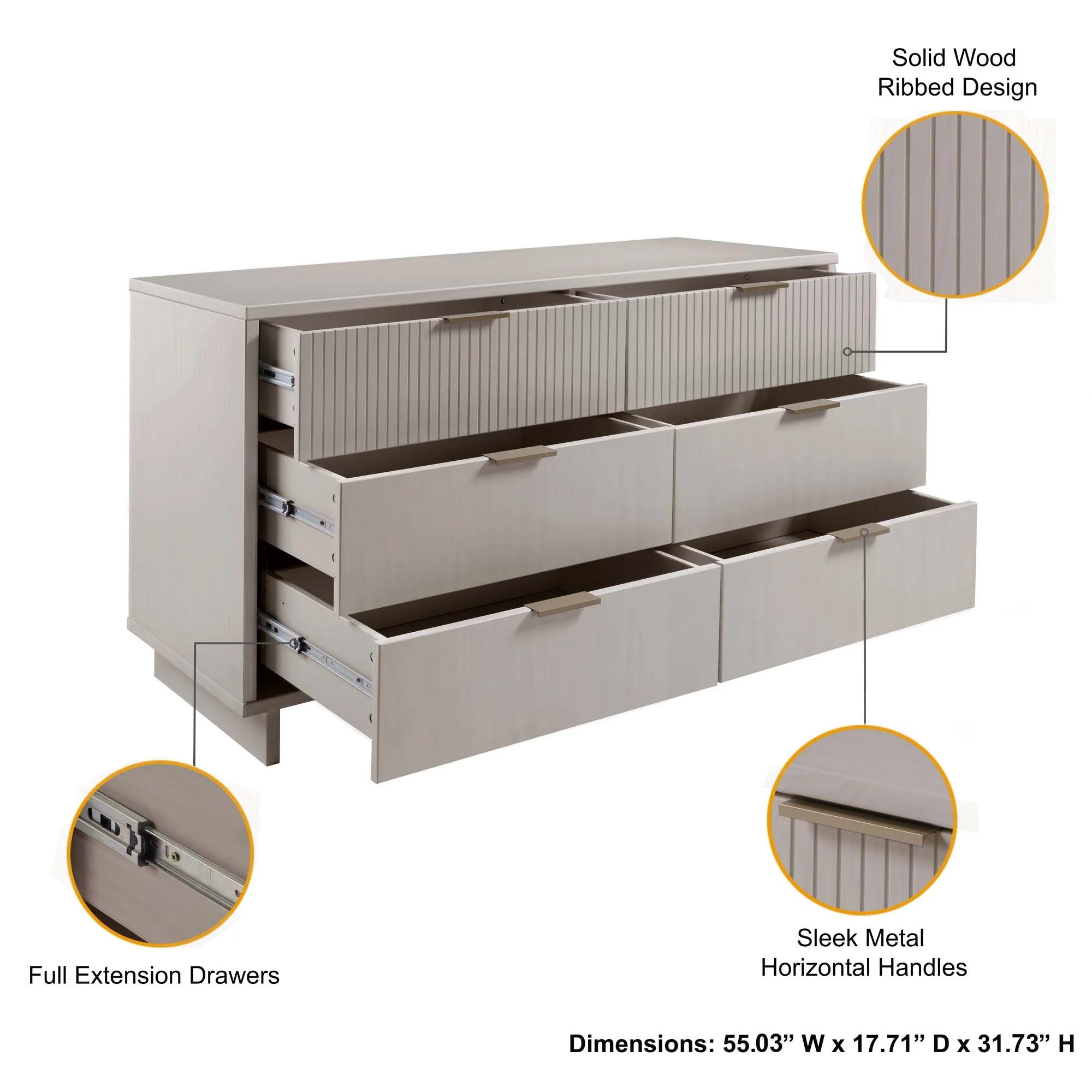 Granville 3-Piece Tall Narrow Chest, Double Dresser and Nightstand Set in Light Grey - Image 7