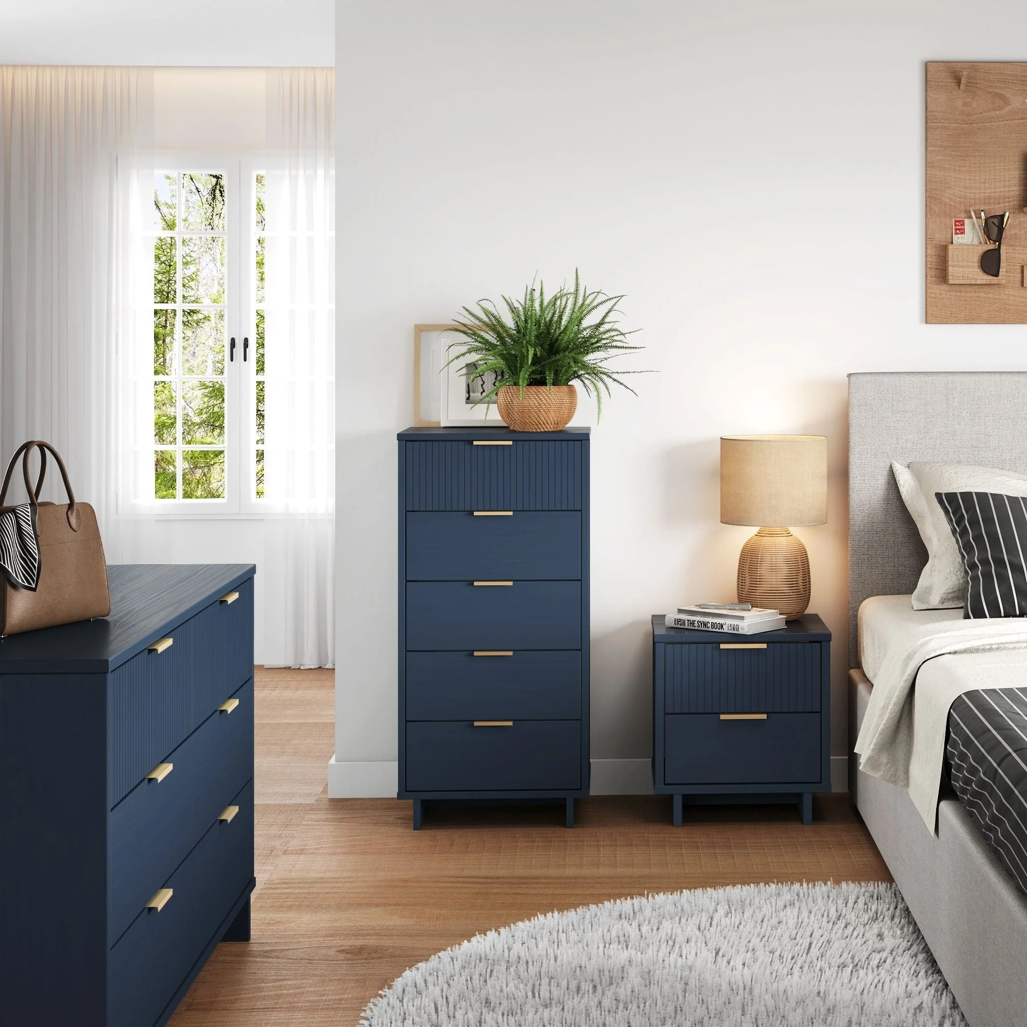 Granville 3-Piece Tall Narrow Chest, Double Dresser and Nightstand Set in Midnight Blue - Image 2