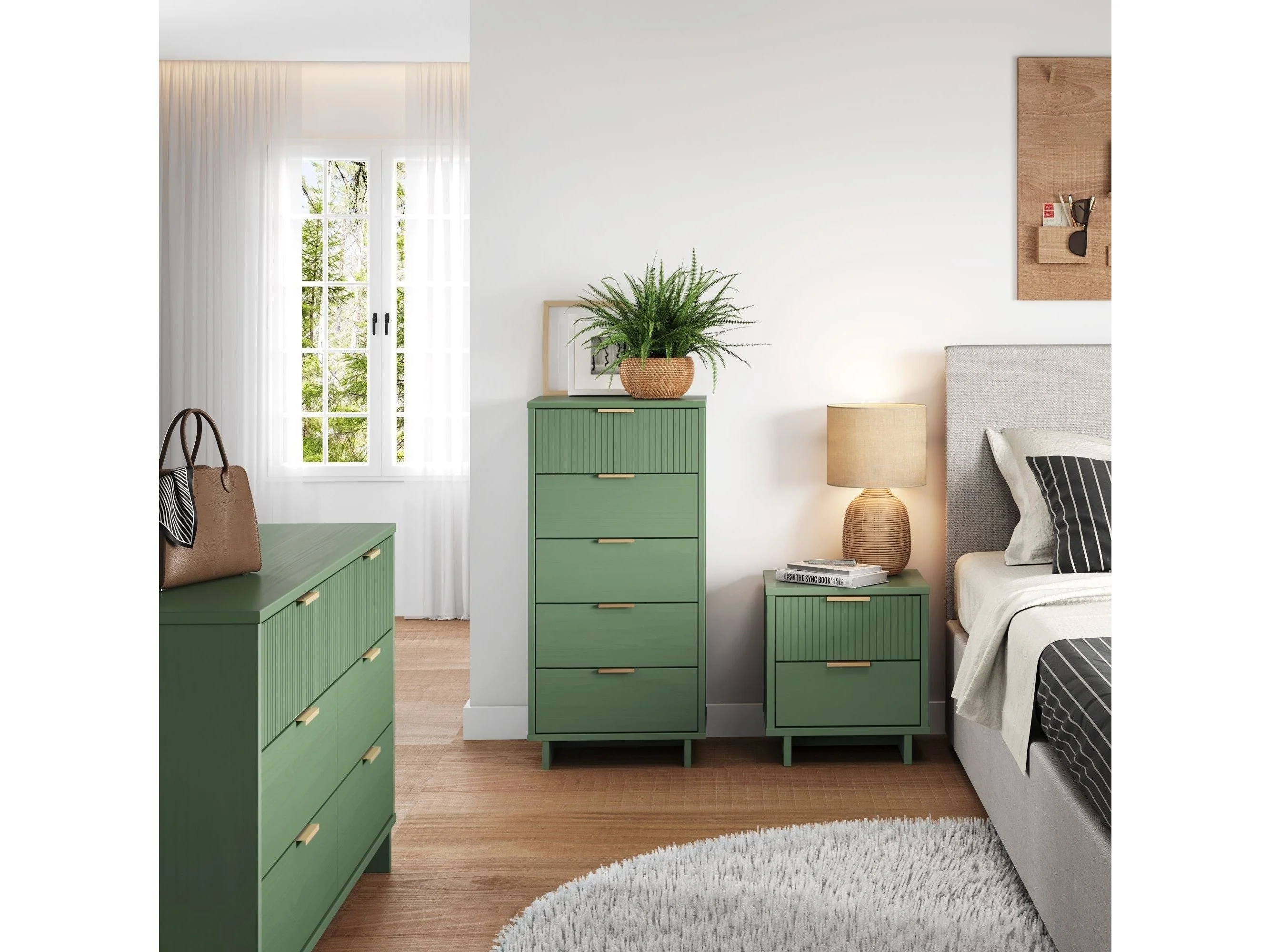 Granville 3-Piece Tall Narrow Chest, Double Dresser and Nightstand Set in Sage Green