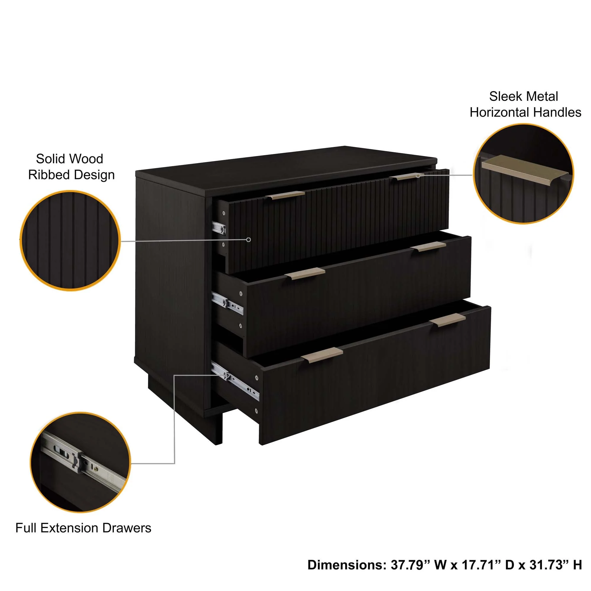 Granville 3-Piece Tall Narrow Chest, Double Dresser Set and Standard Dresser Set in Black - Image 7