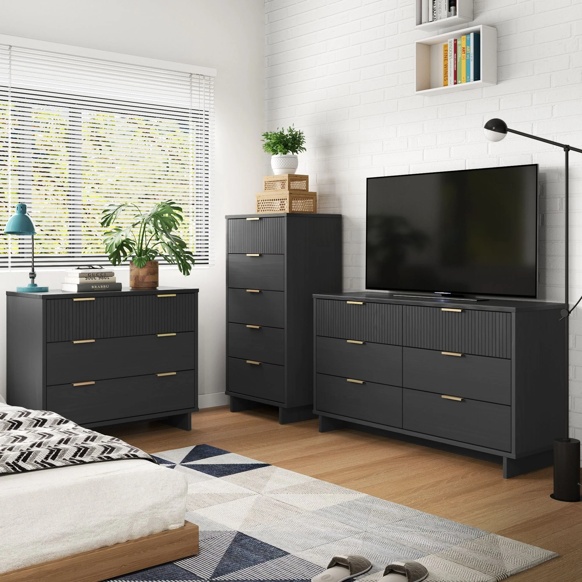 Granville 3-Piece Tall Narrow Chest, Double Dresser Set and Standard Dresser Set in Dark Grey - Image 2