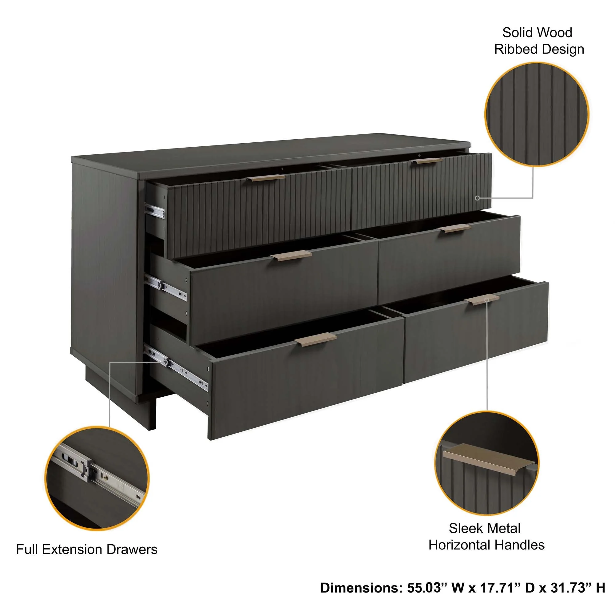 Granville 3-Piece Tall Narrow Chest, Double Dresser Set and Standard Dresser Set in Dark Grey - Image 8