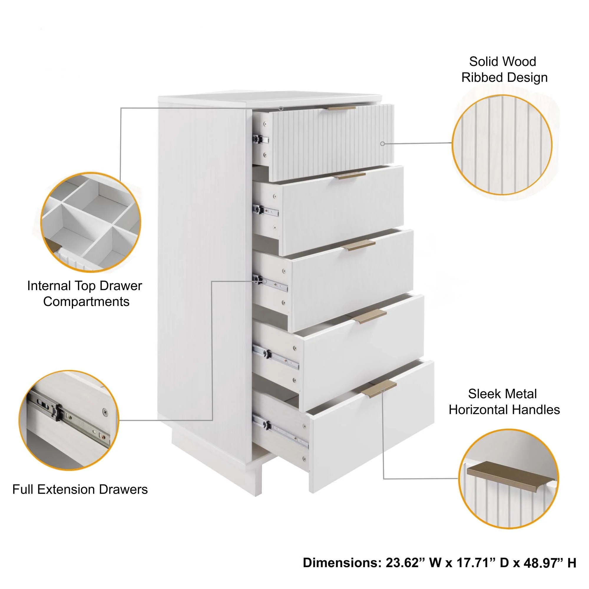 Granville 3-Piece Tall Narrow Chest, Double Dresser Set and Standard Dresser Set in White - Image 6