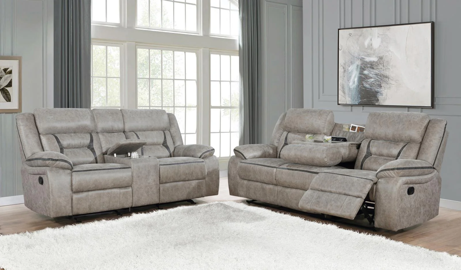 Greer Taupe Upholstered Tufted Reclining Living Room Set - Image 4
