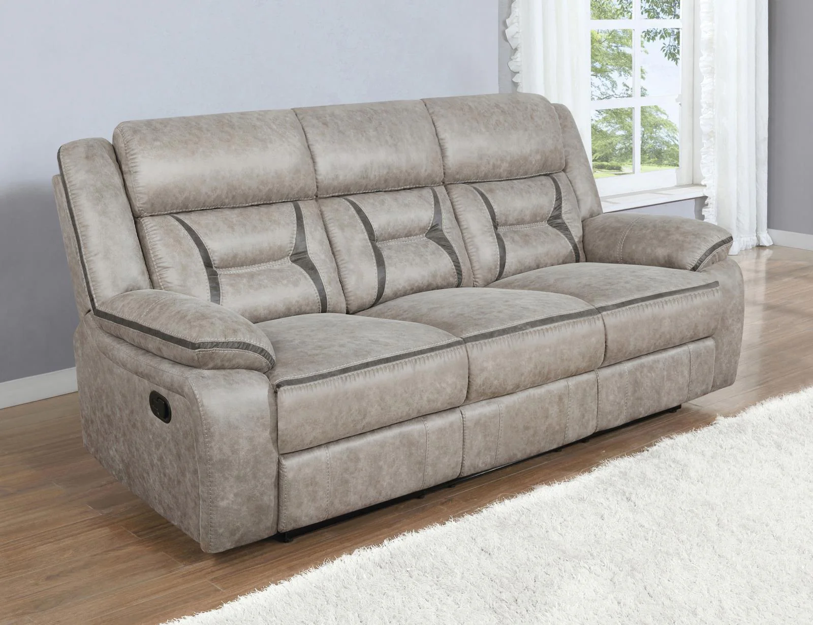 Greer Taupe Upholstered Tufted Reclining Living Room Set - Image 5