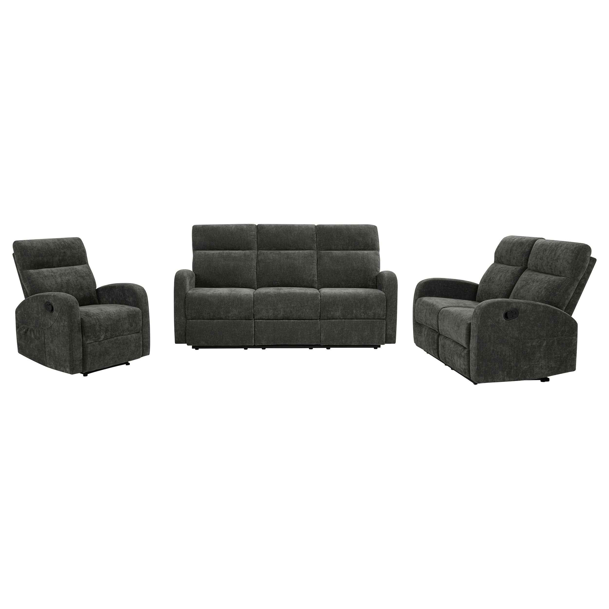 Hamilton 3-piece Chenille Manual Reclining Sofa Set Charcoal Grey - Image 3