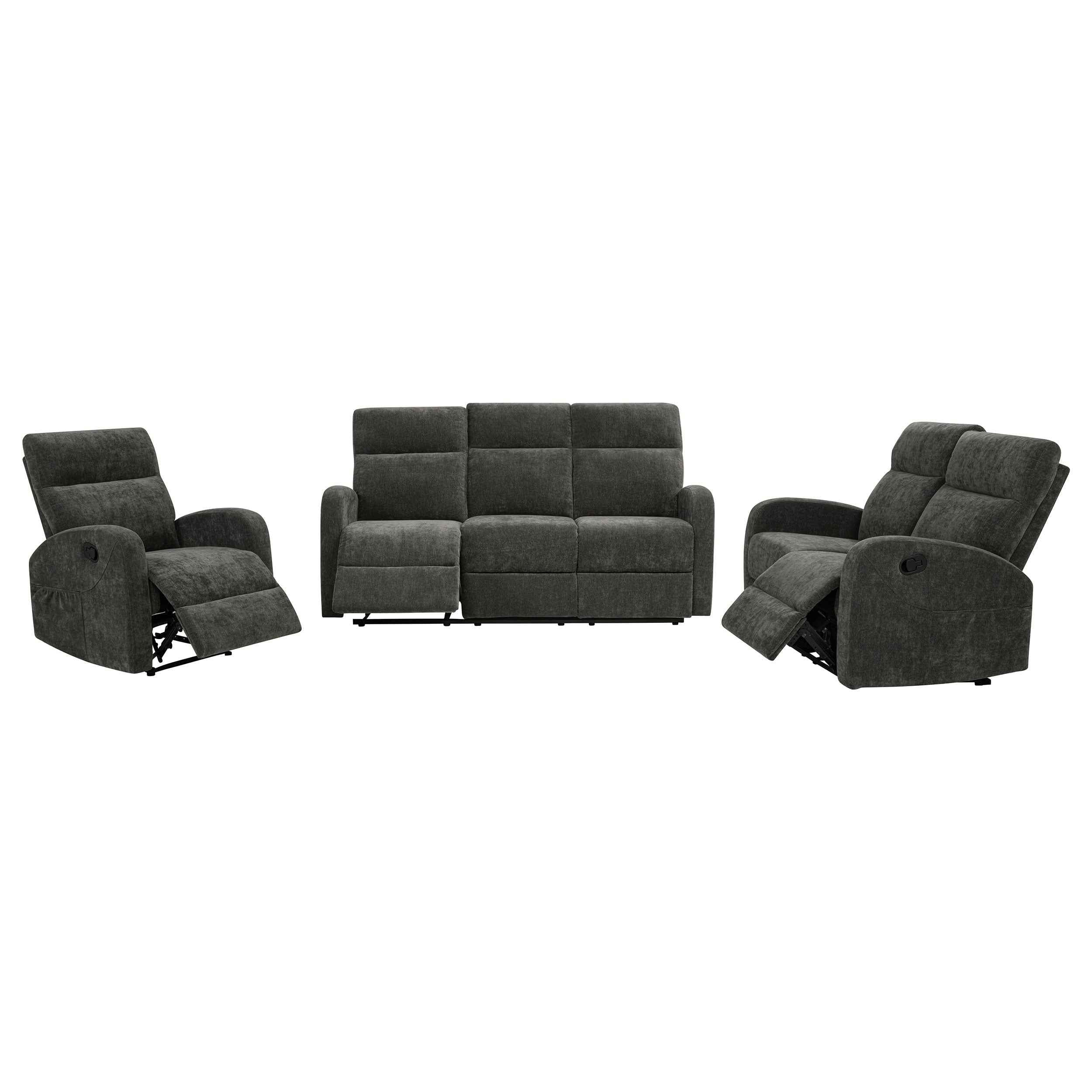 Hamilton 3-piece Chenille Manual Reclining Sofa Set Charcoal Grey - Image 4