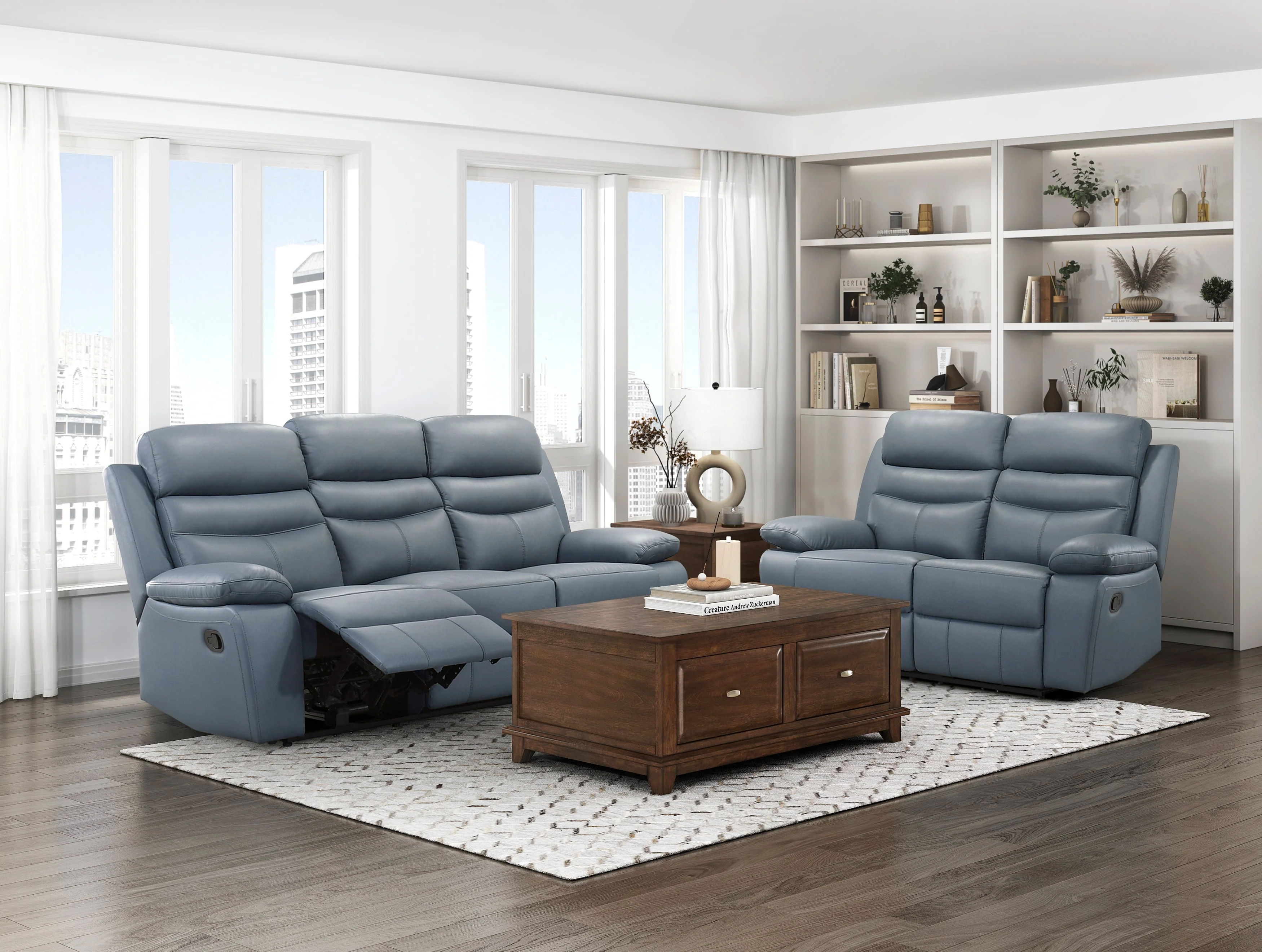 Hancock Blue Leather Double Reclining Living Room Set - Image 2