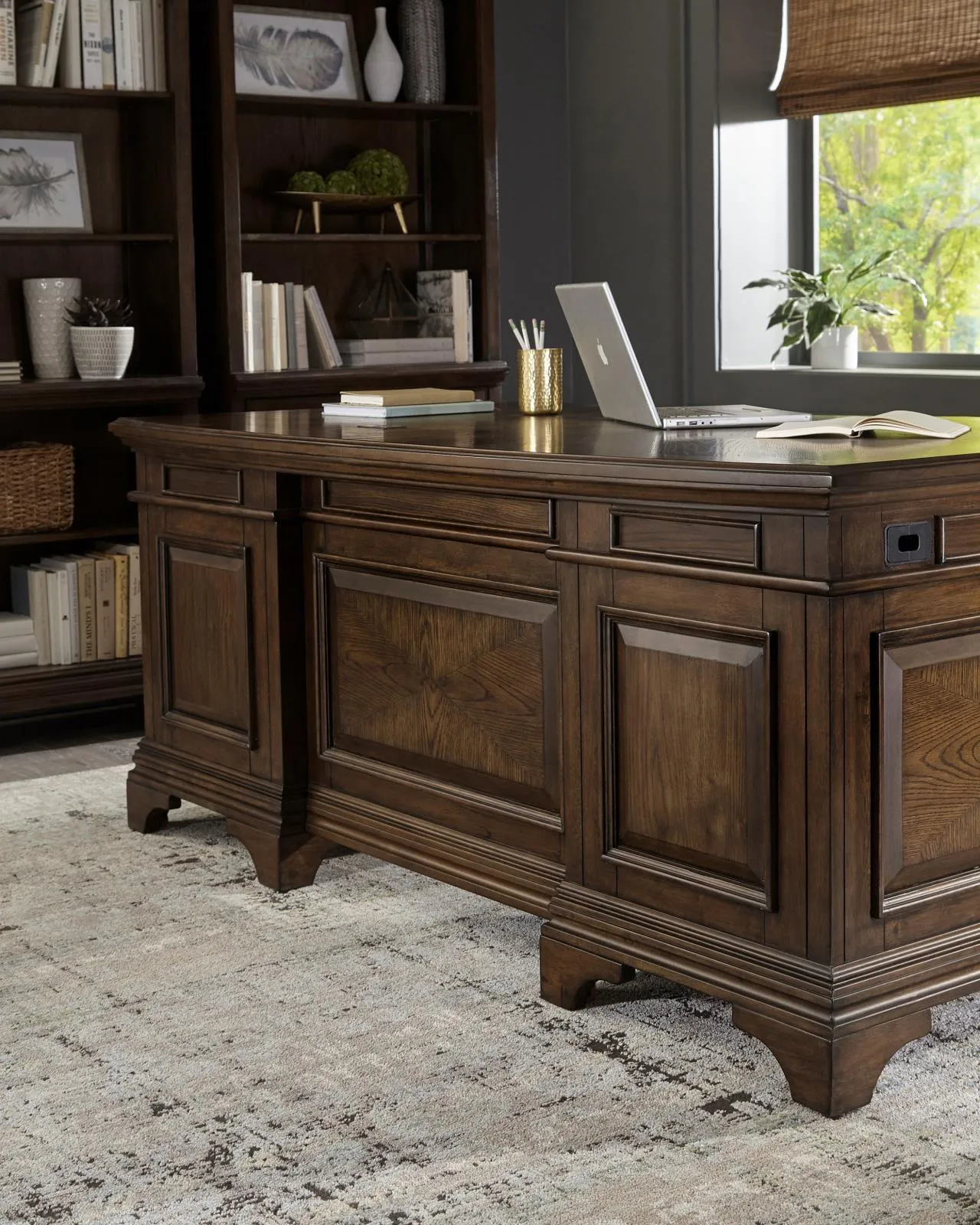 Hartshill Burnished Oak Executive Desk with File Cabinets - Image 2