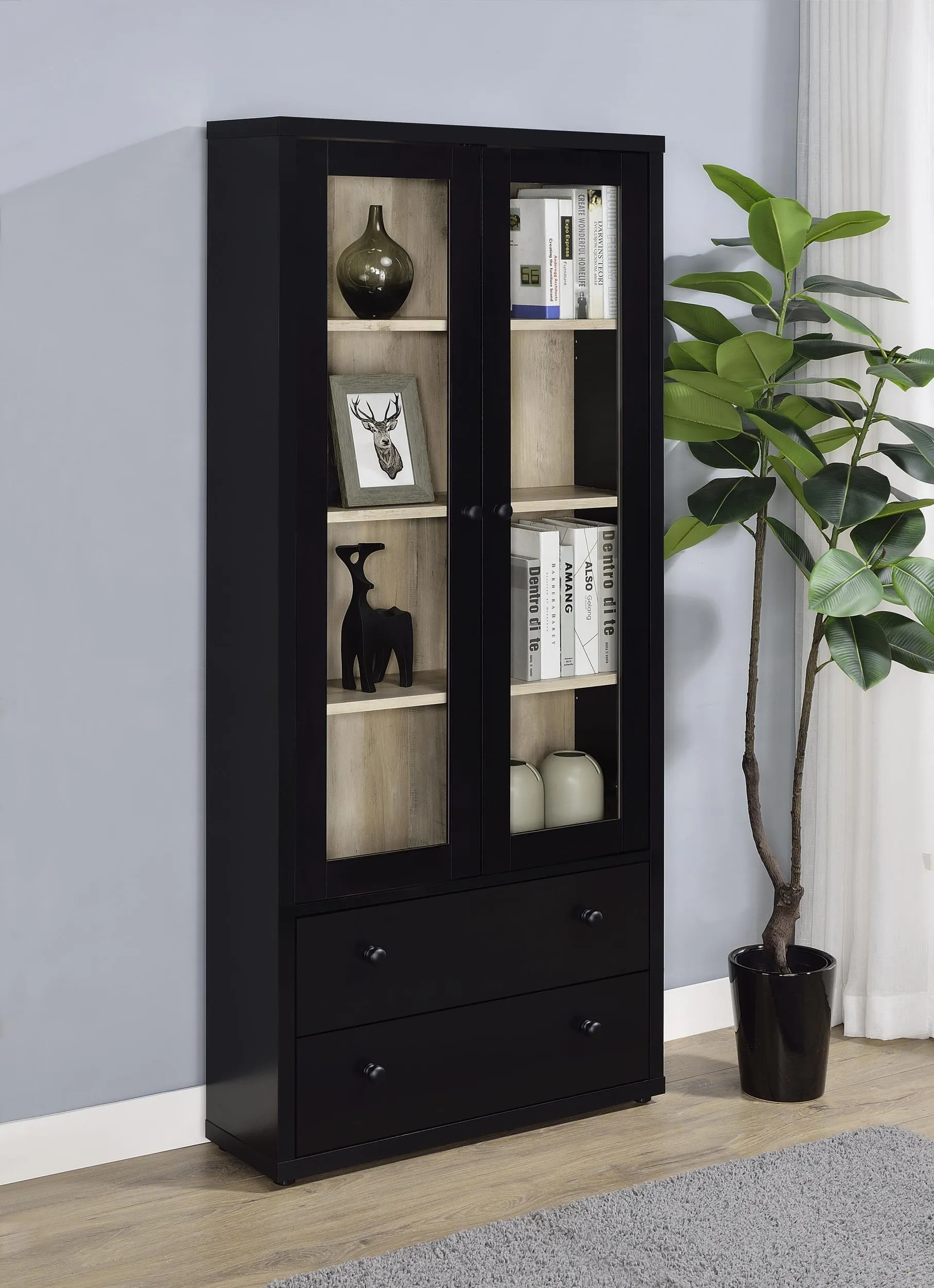 Hawthorne Black 4-Shelf Glass Door Tall Cabinet with Drawers