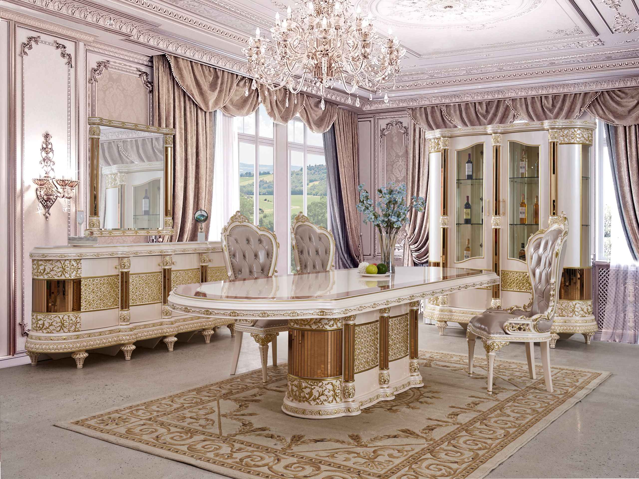 HD-9022 Antique Ivory/Gold Trim 7-Piece Dining Set