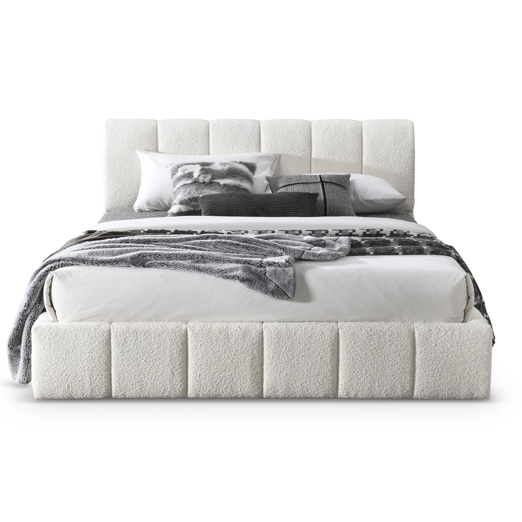 Hilar White Boucle Platform Bed King Size