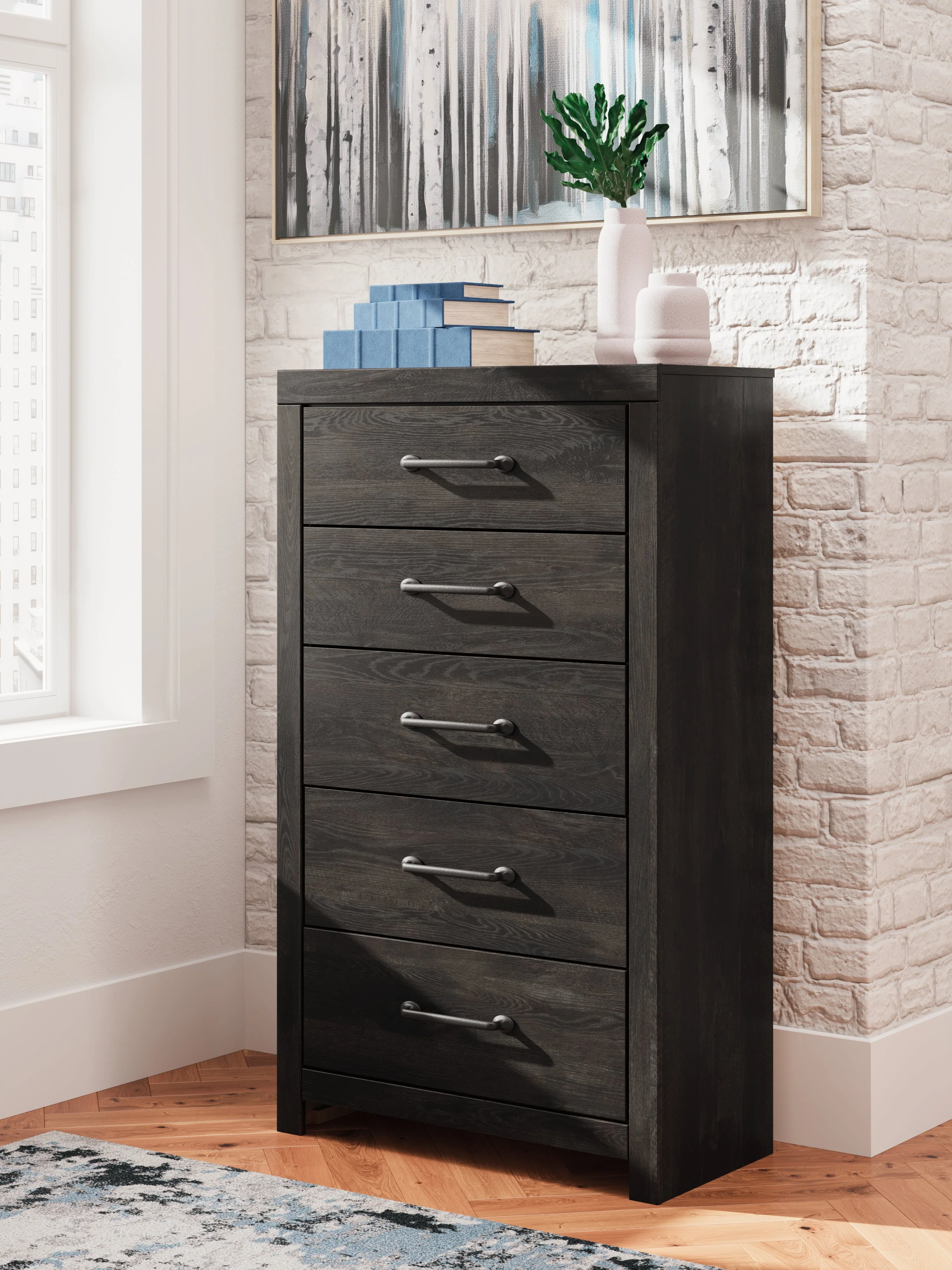 Hollivern Full Panel Bed with Storage with Mirrored Dresser, Chest and 2 Nightstands in Dark Gray - Image 42