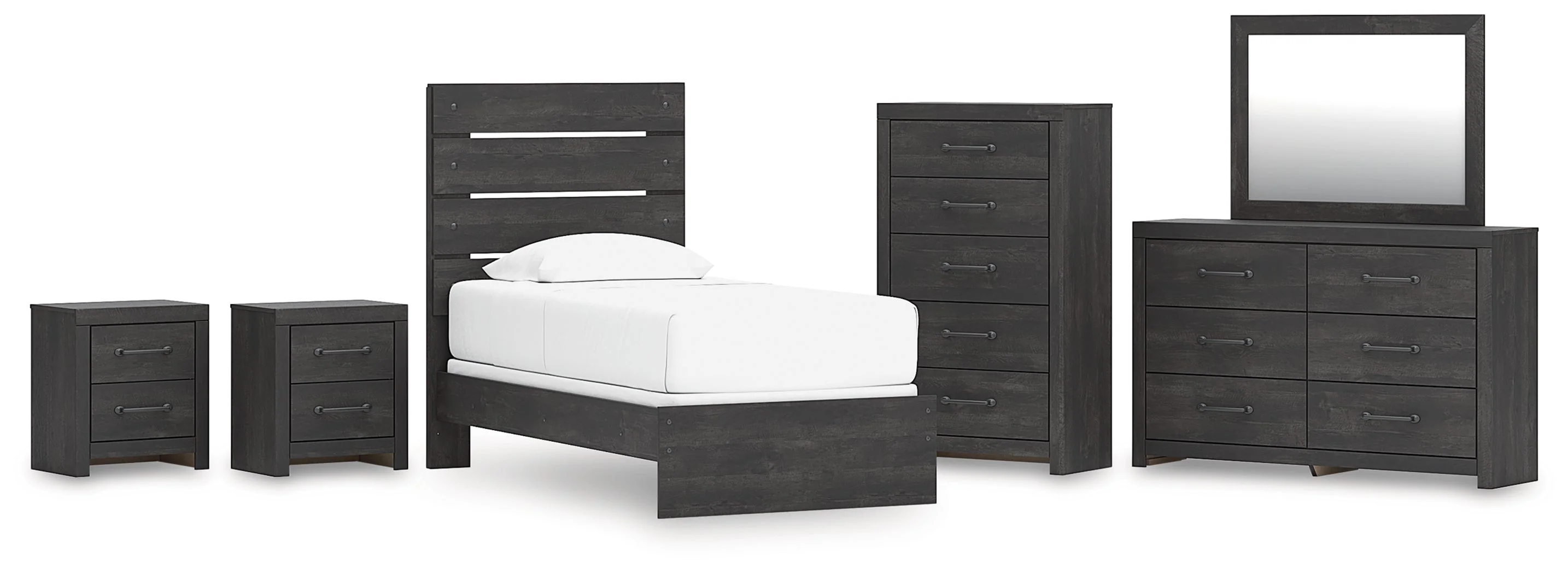 Hollivern Twin Panel Bed with Mirrored Dresser, Chest and 2 Nightstands in Dark Gray